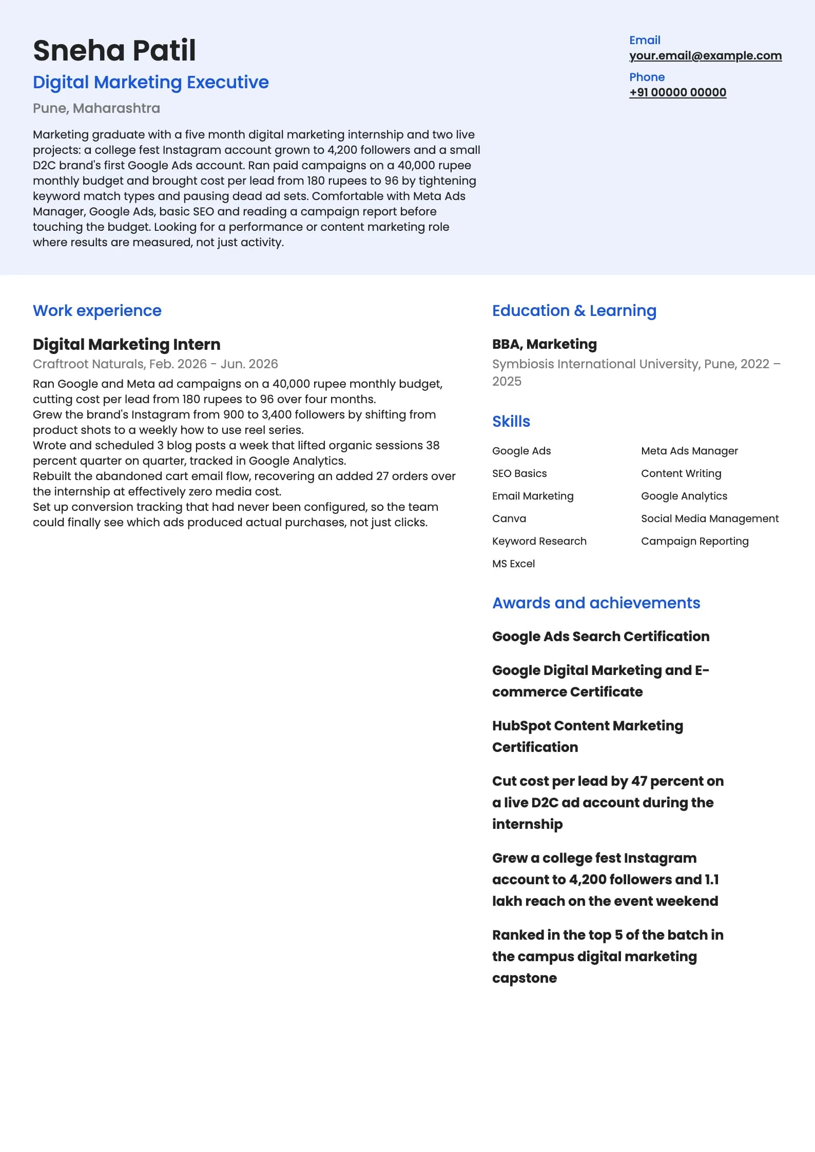 Marketing Executive resume example for Fresher (0 years), modern template, showing professional summary, work experience, skills, education and certifications