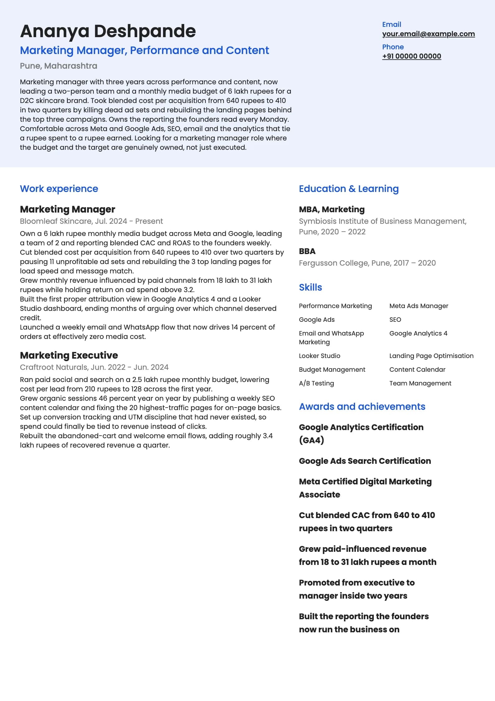 Marketing Manager resume example for Early-career manager (3 years), modern template, showing professional summary, work experience, skills, education and certifications
