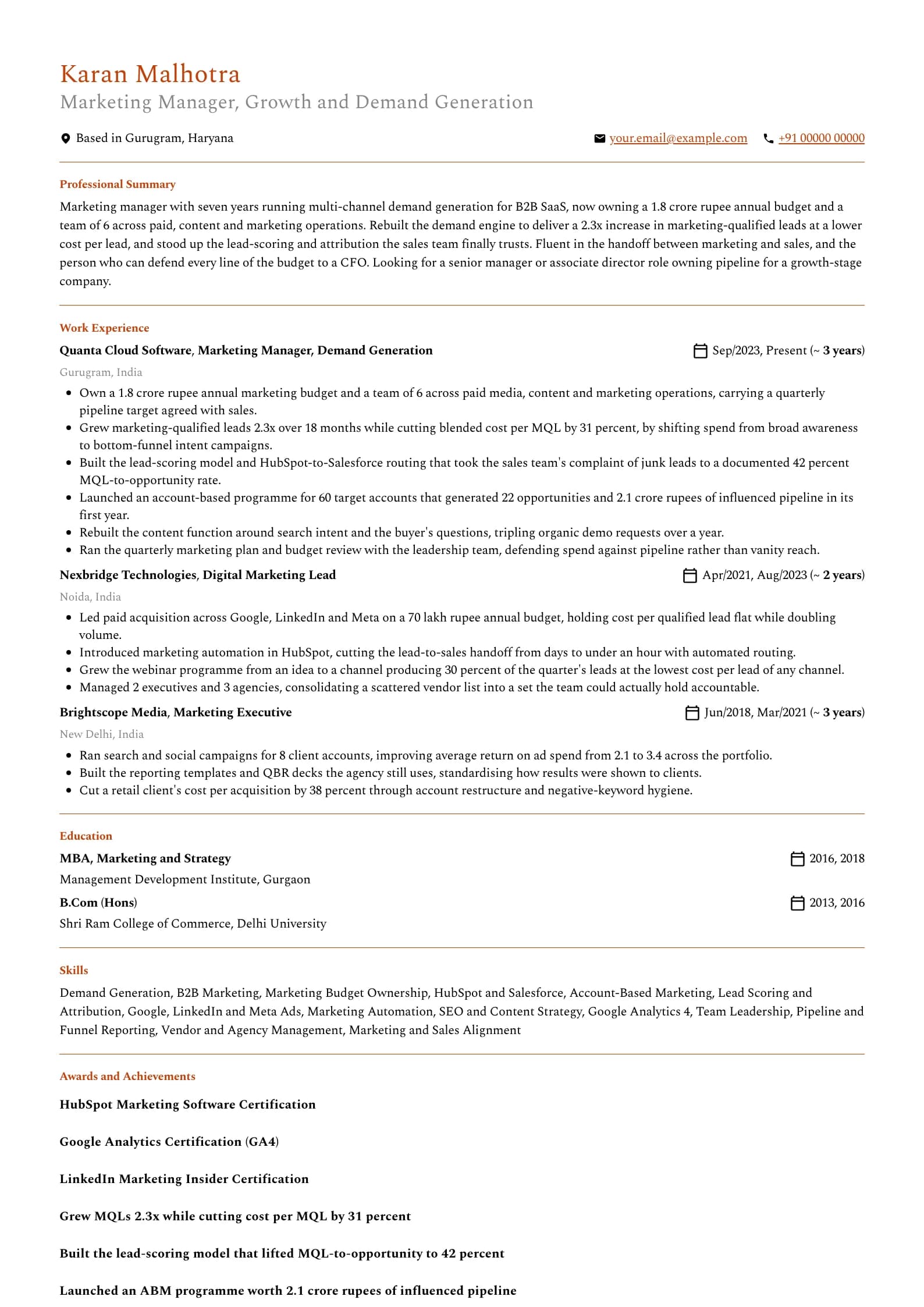 Marketing Manager resume example for Mid-level (7 years), professional template, showing professional summary, work experience, skills, education and certifications