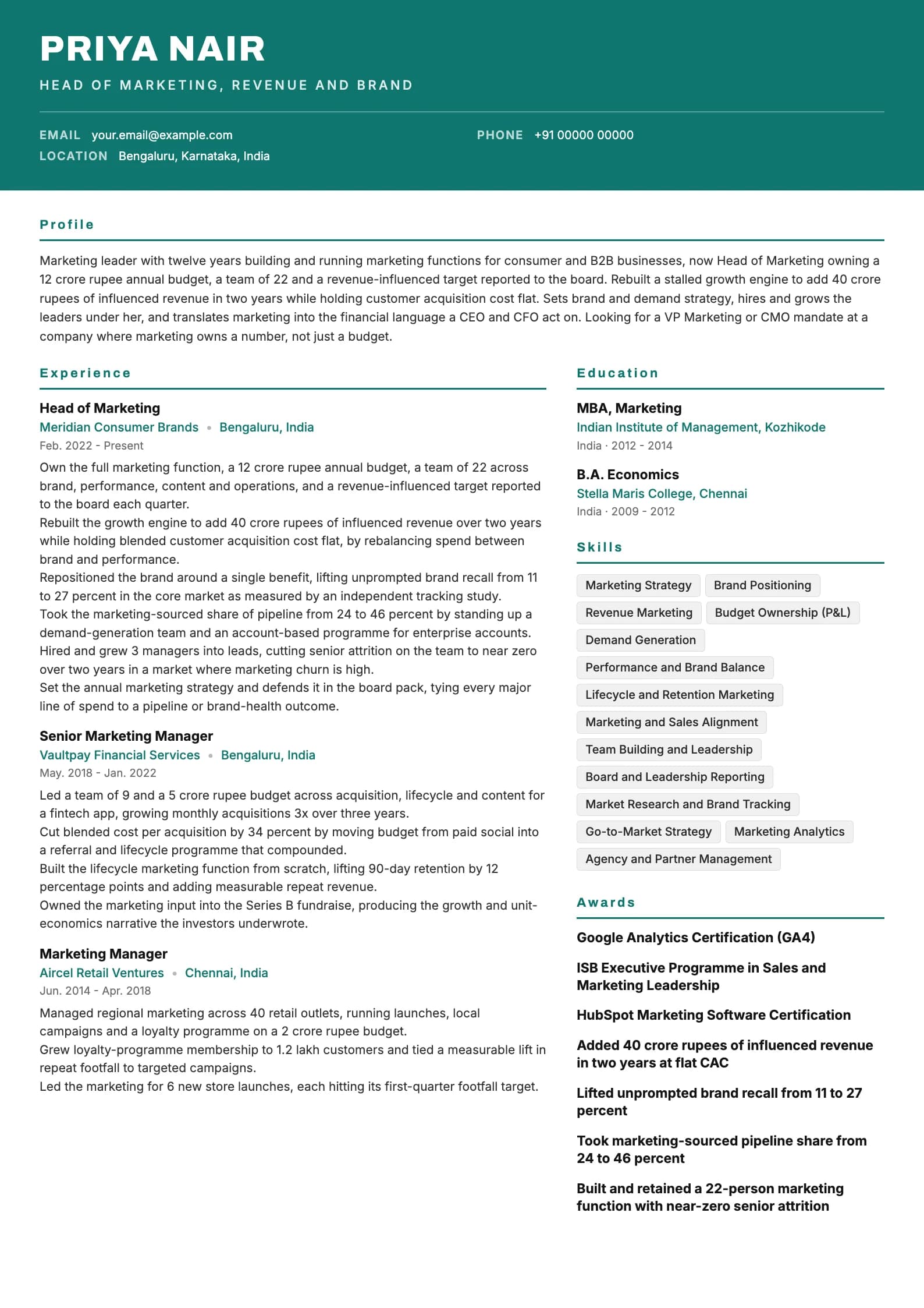 Marketing Manager resume example for Head of Marketing (12 years), header-band template, showing professional summary, work experience, skills, education and certifications