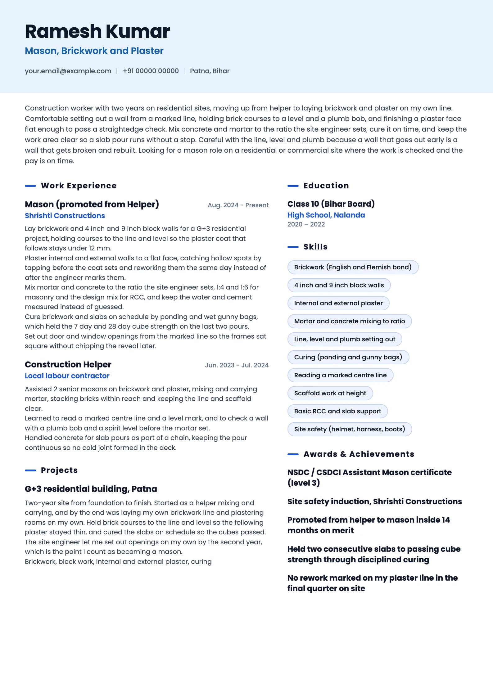 Mason resume example for Helper to Mason (2 years), ai-era template, showing professional summary, work experience, projects, skills, education and certifications