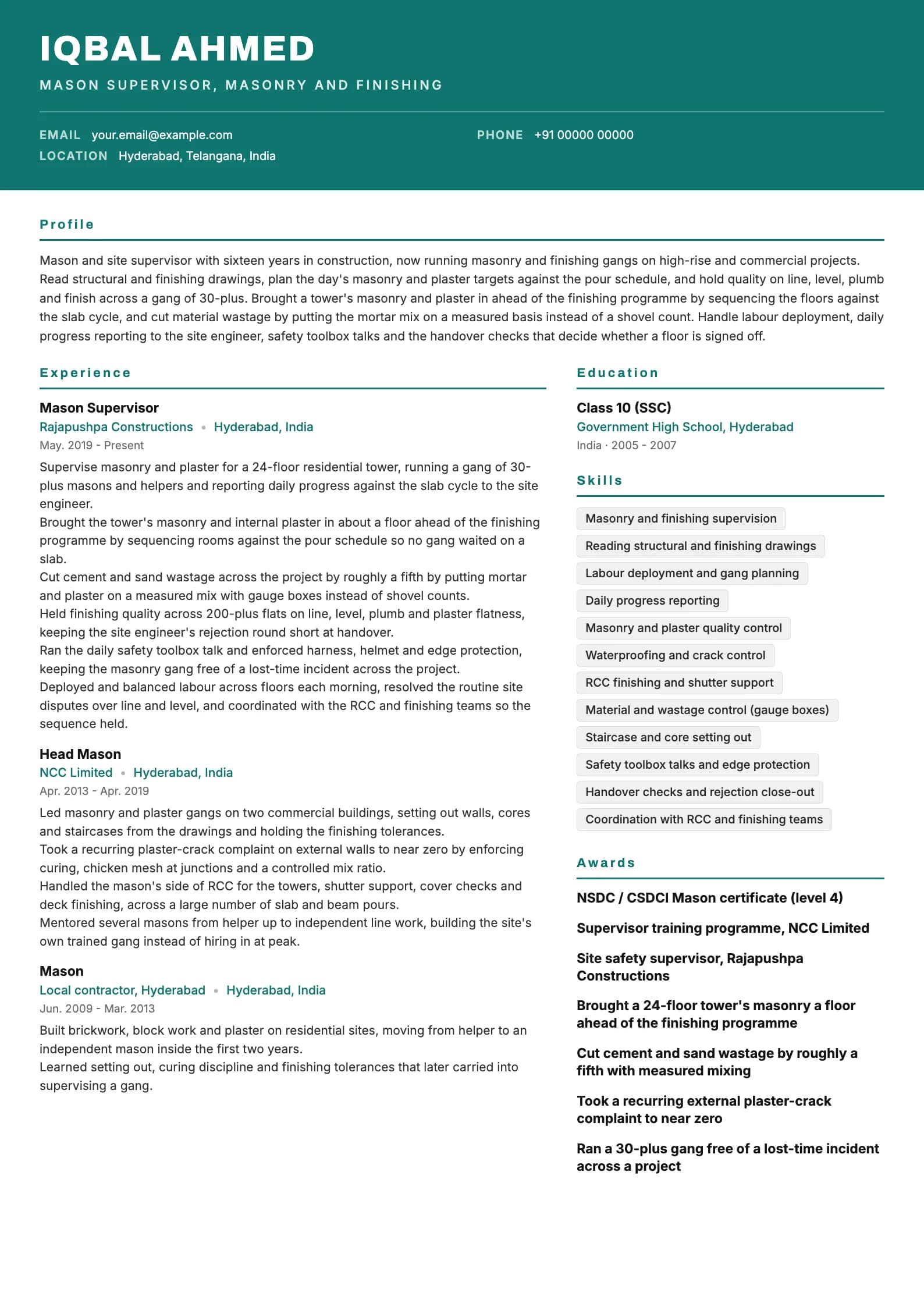 Mason resume example for Mason Supervisor (16 years), header-band template, showing professional summary, work experience, skills, education and certifications