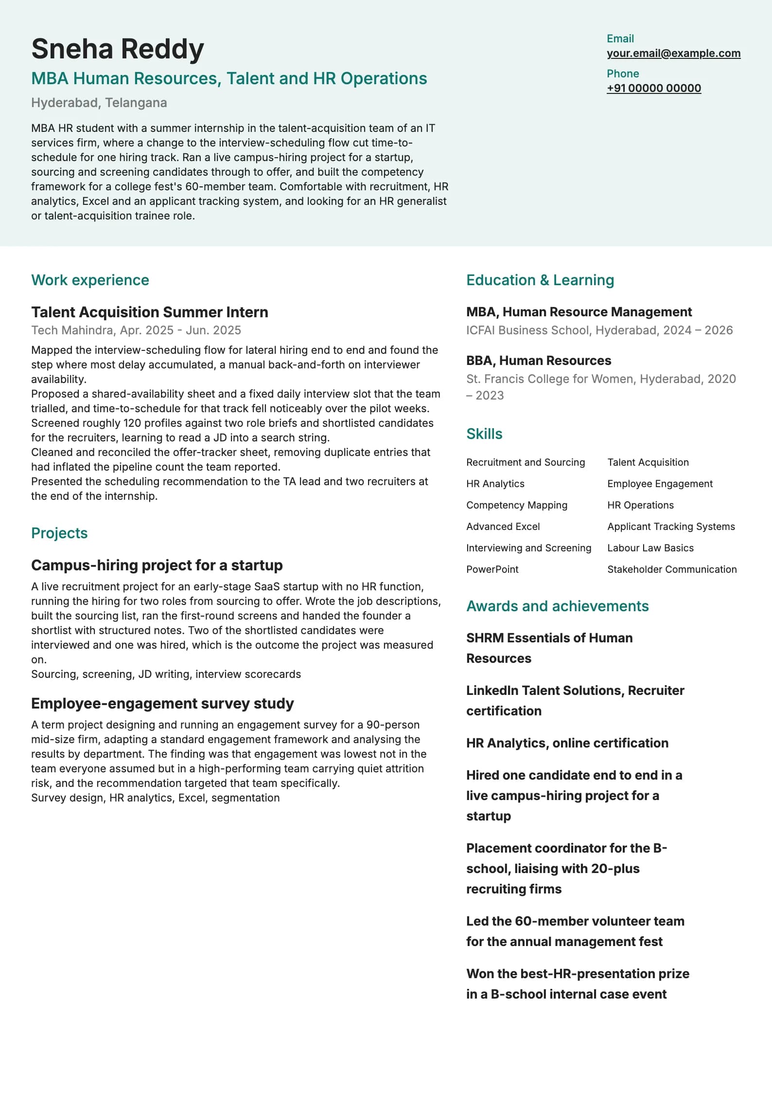 MBA Fresher resume example for HR specialisation, modern template, showing professional summary, work experience, projects, skills, education and certifications