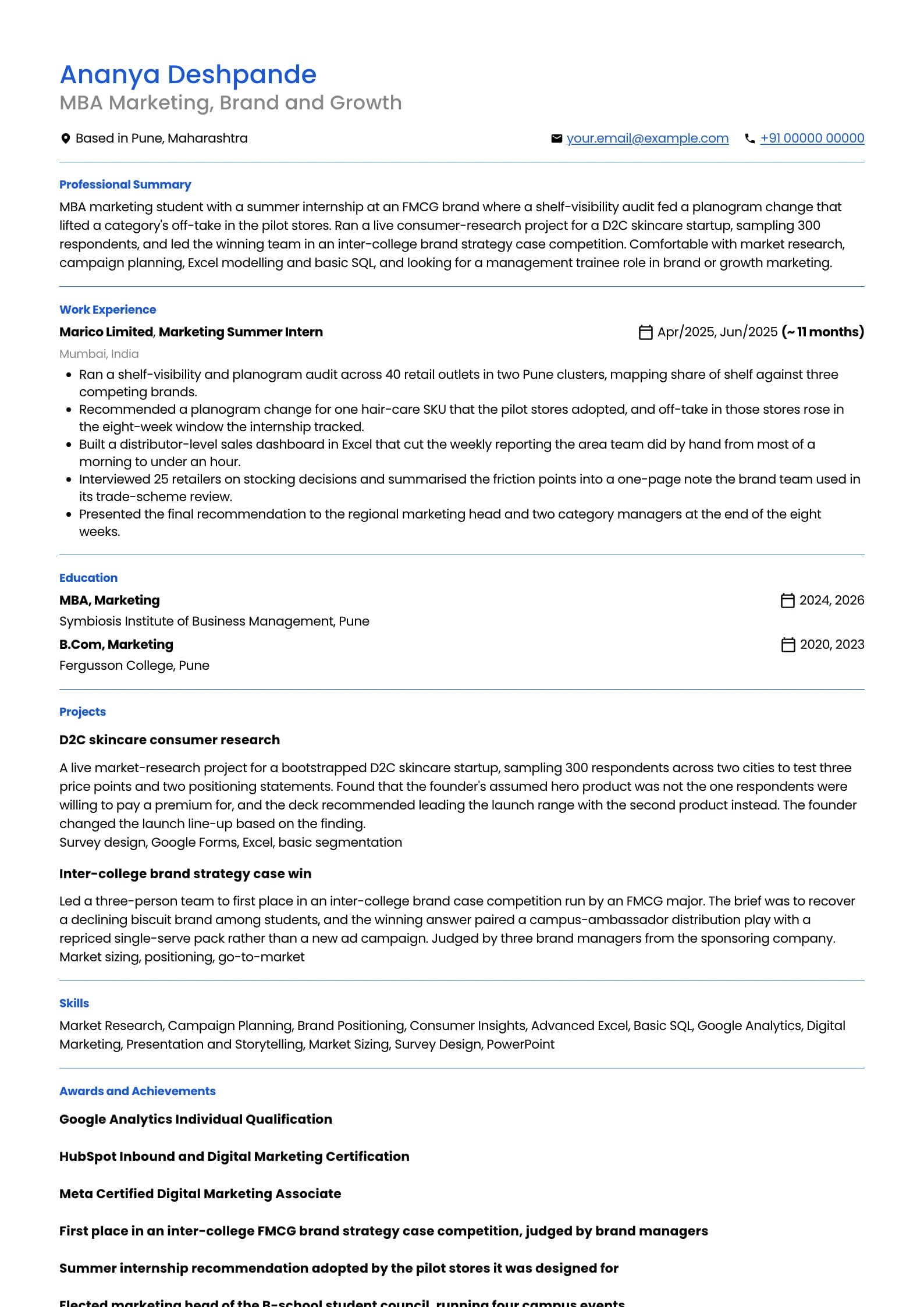 MBA Fresher resume example for Marketing specialisation, professional template, showing professional summary, work experience, projects, skills, education and certifications