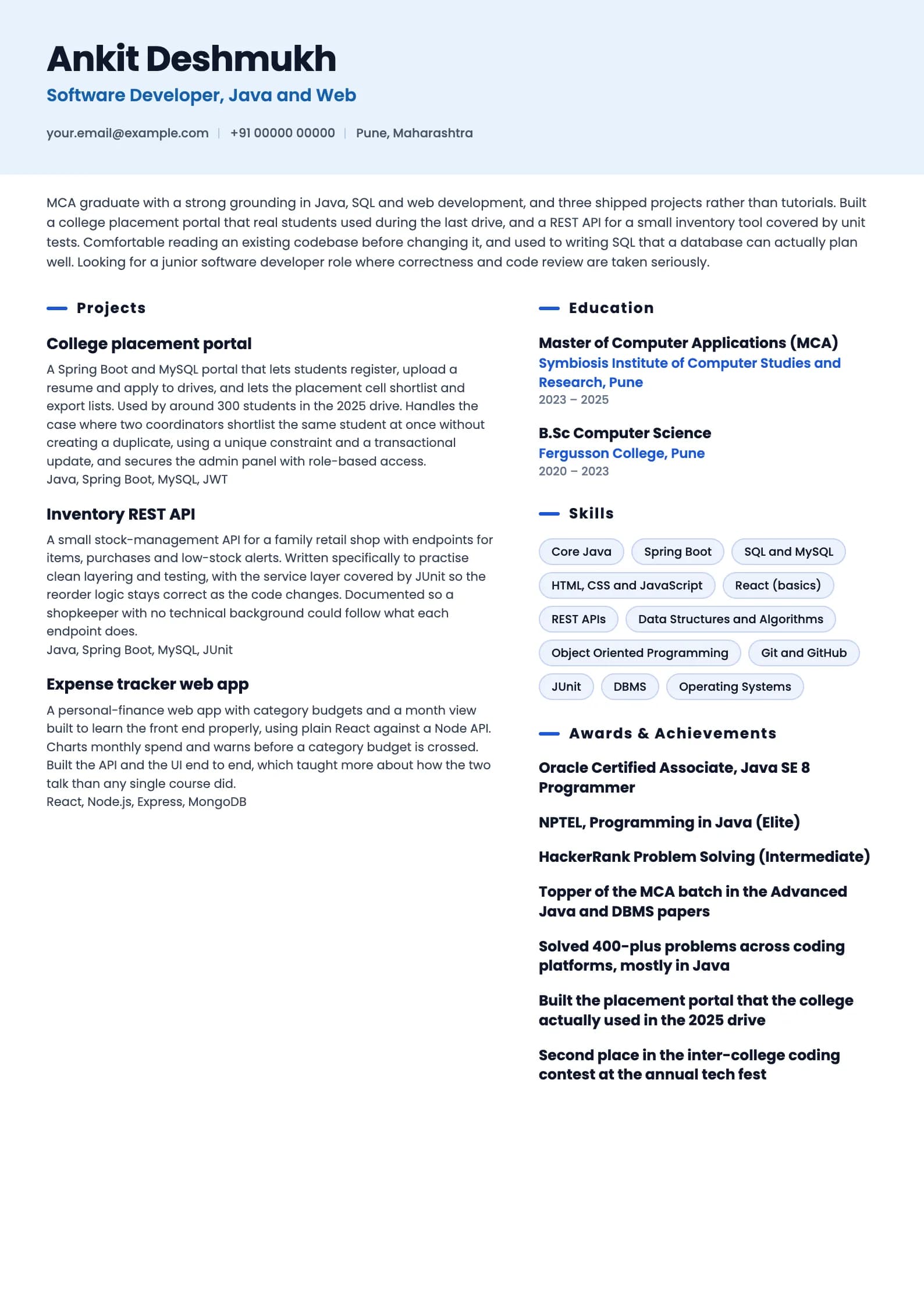 MCA Fresher resume example for Fresher, developer track (0 years), ai-era template, showing professional summary, projects, skills, education and certifications