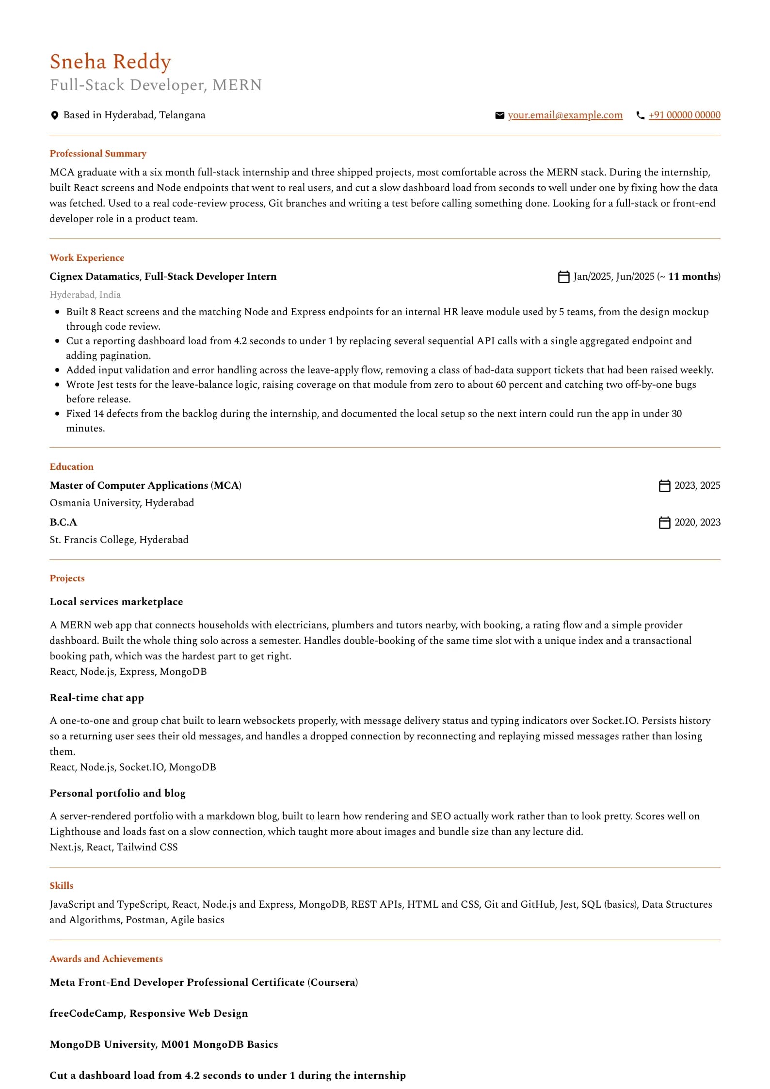 MCA Fresher resume example for Fresher with internship (6 months), professional template, showing professional summary, work experience, projects, skills, education and certifications