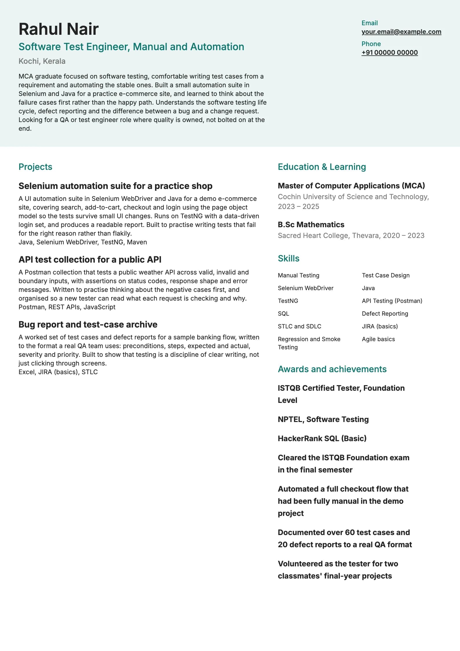 MCA Fresher resume example for Fresher, QA and testing track (0 years), modern template, showing professional summary, projects, skills, education and certifications