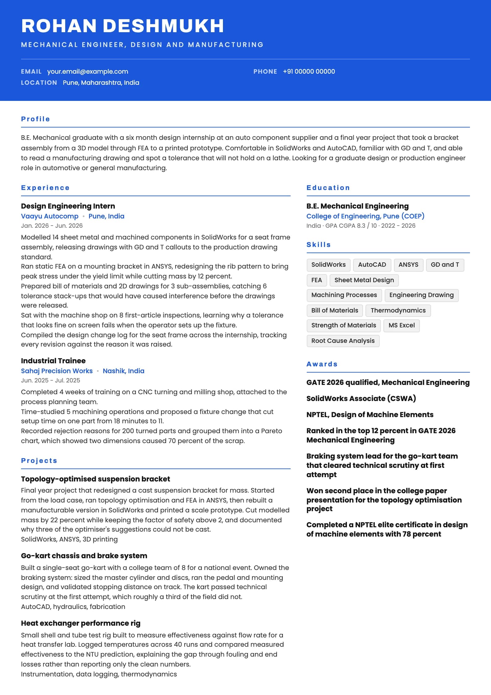 Mechanical Engineer resume example for Fresher (0 years), header-band template, showing professional summary, work experience, projects, skills, education and certifications