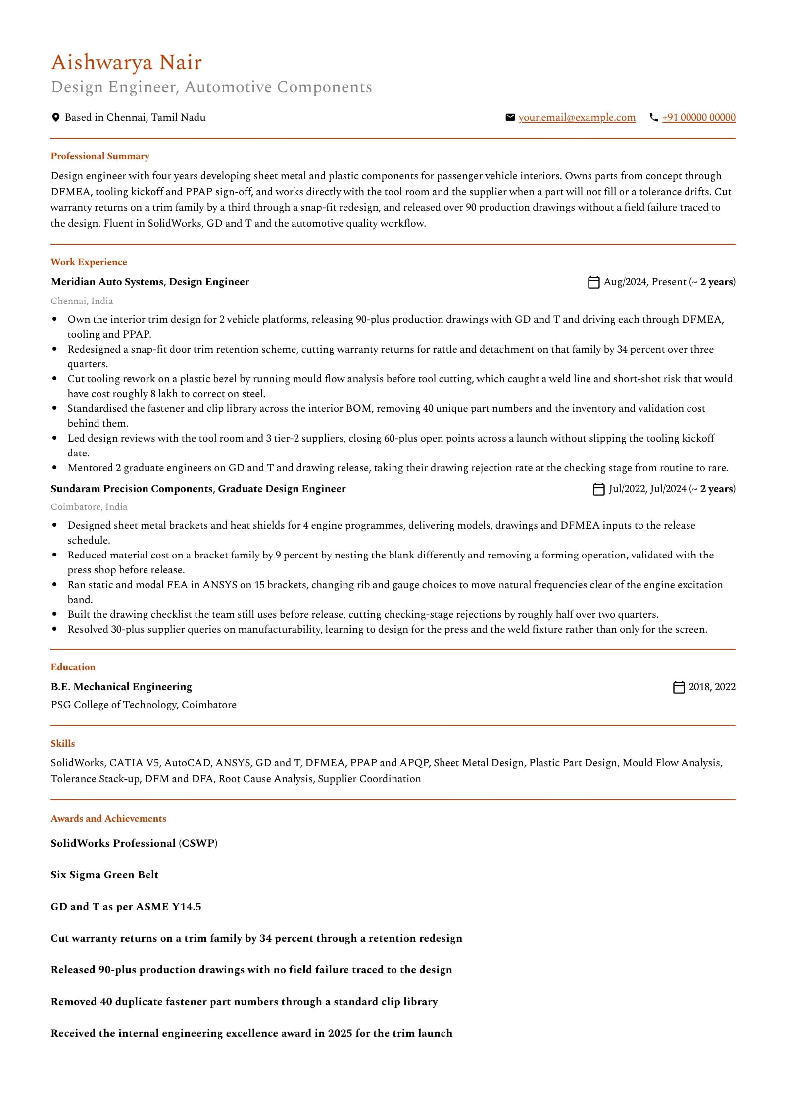 Mechanical Engineer resume example for Mid-level (4 years), minimalist template, showing professional summary, work experience, skills, education and certifications