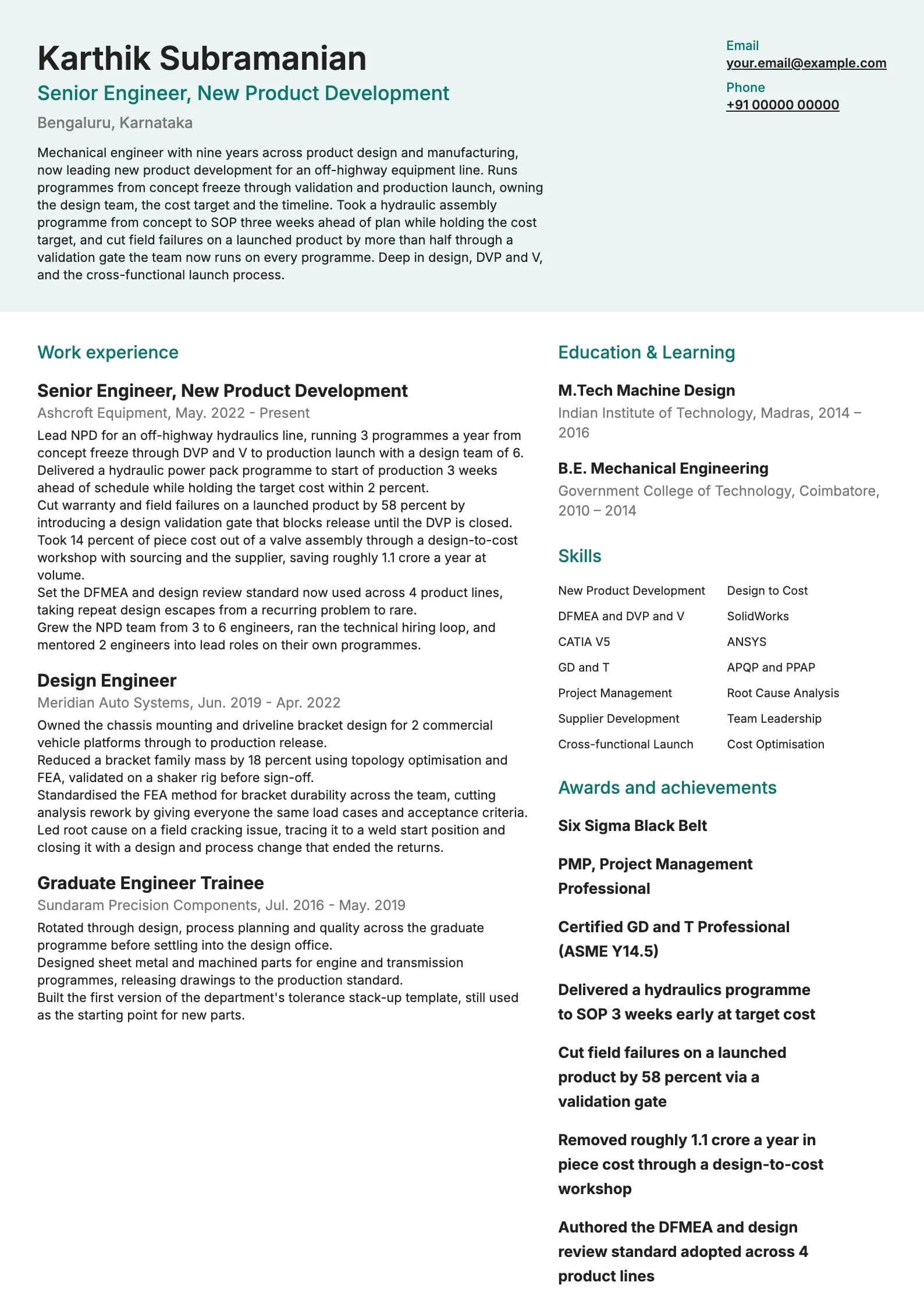 Mechanical Engineer resume example for Senior (9 years), modern template, showing professional summary, work experience, skills, education and certifications