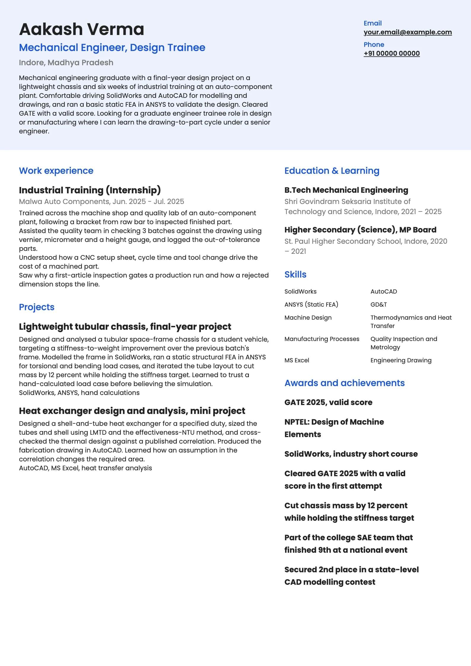 Mechanical Engineer resume example for Fresher (0 years), modern template, showing professional summary, work experience, projects, skills, education and certifications