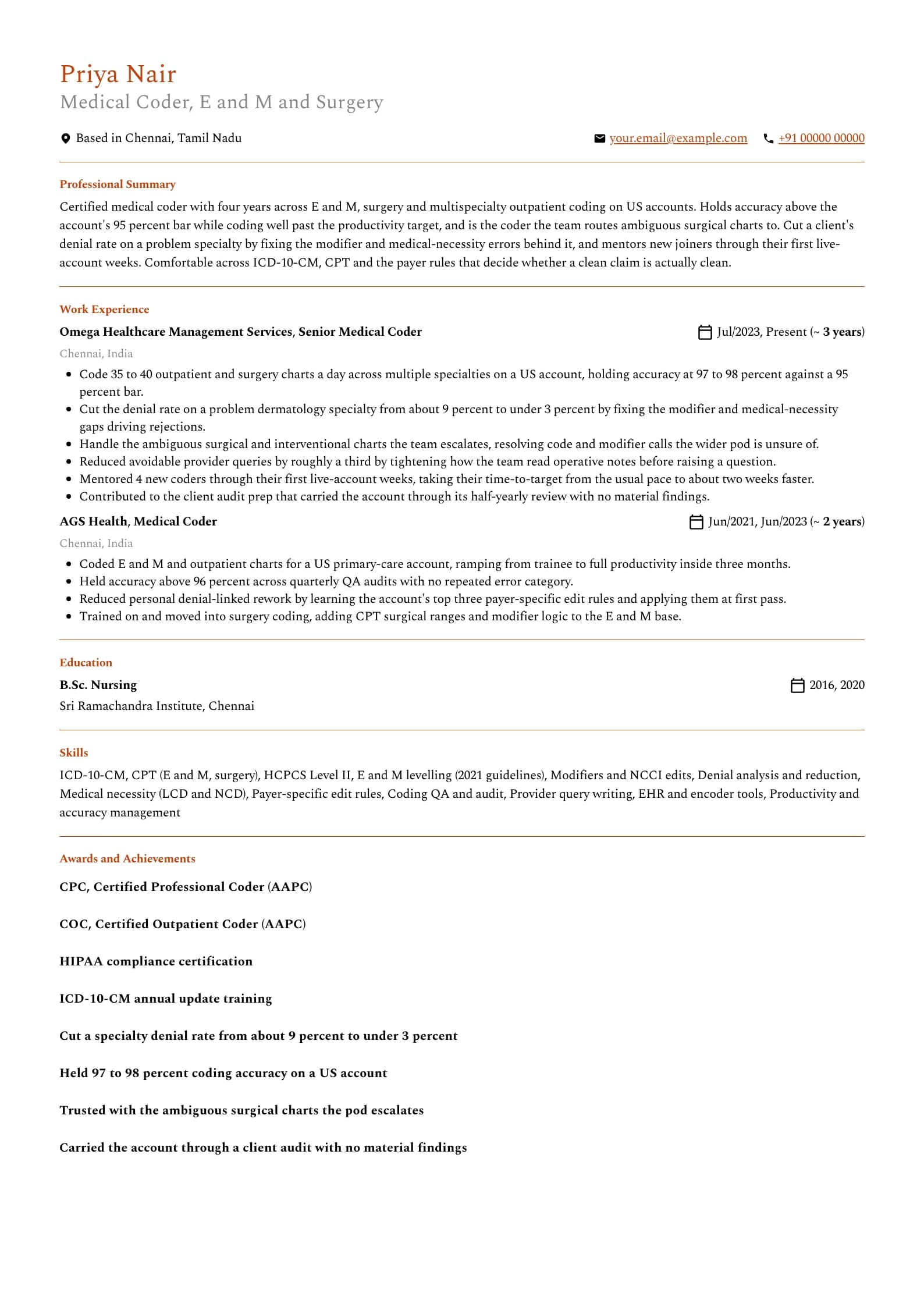 Medical Coder resume example for Certified coder (4 years), professional template, showing professional summary, work experience, skills, education and certifications