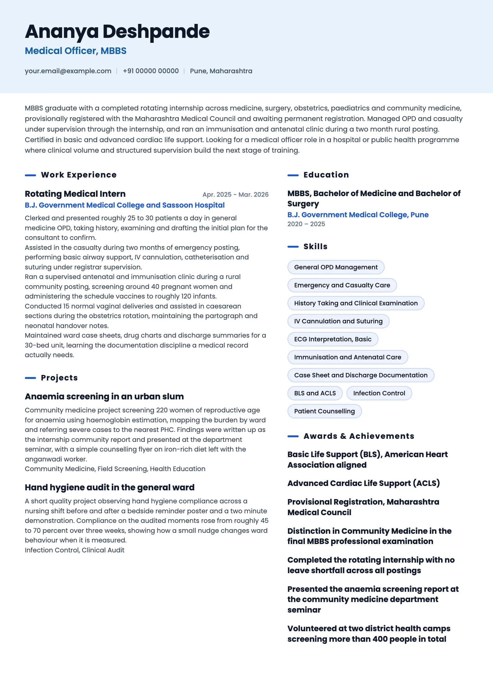 Medical Officer resume example for Fresher (0 years), ai-era template, showing professional summary, work experience, projects, skills, education and certifications
