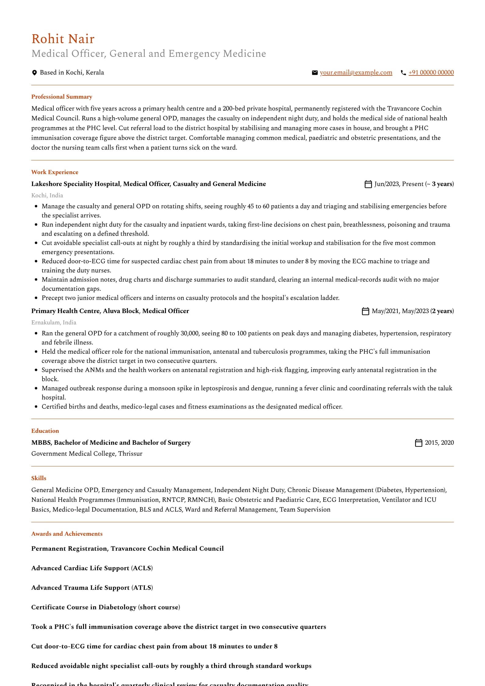 Medical Officer resume example for Medical Officer (5 years), professional template, showing professional summary, work experience, skills, education and certifications