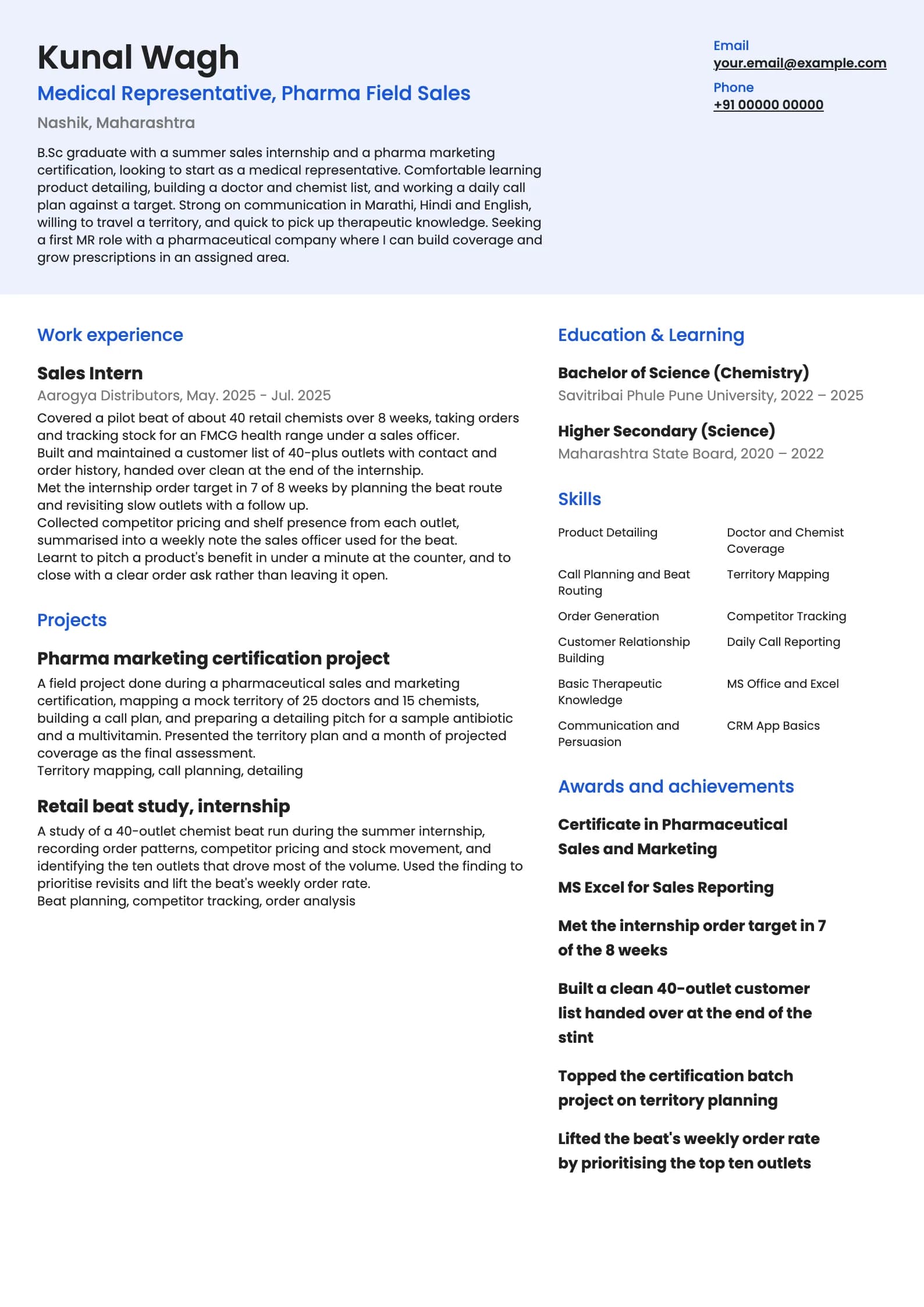 Medical Representative resume example for Fresher (0 years), modern template, showing professional summary, work experience, projects, skills, education and certifications