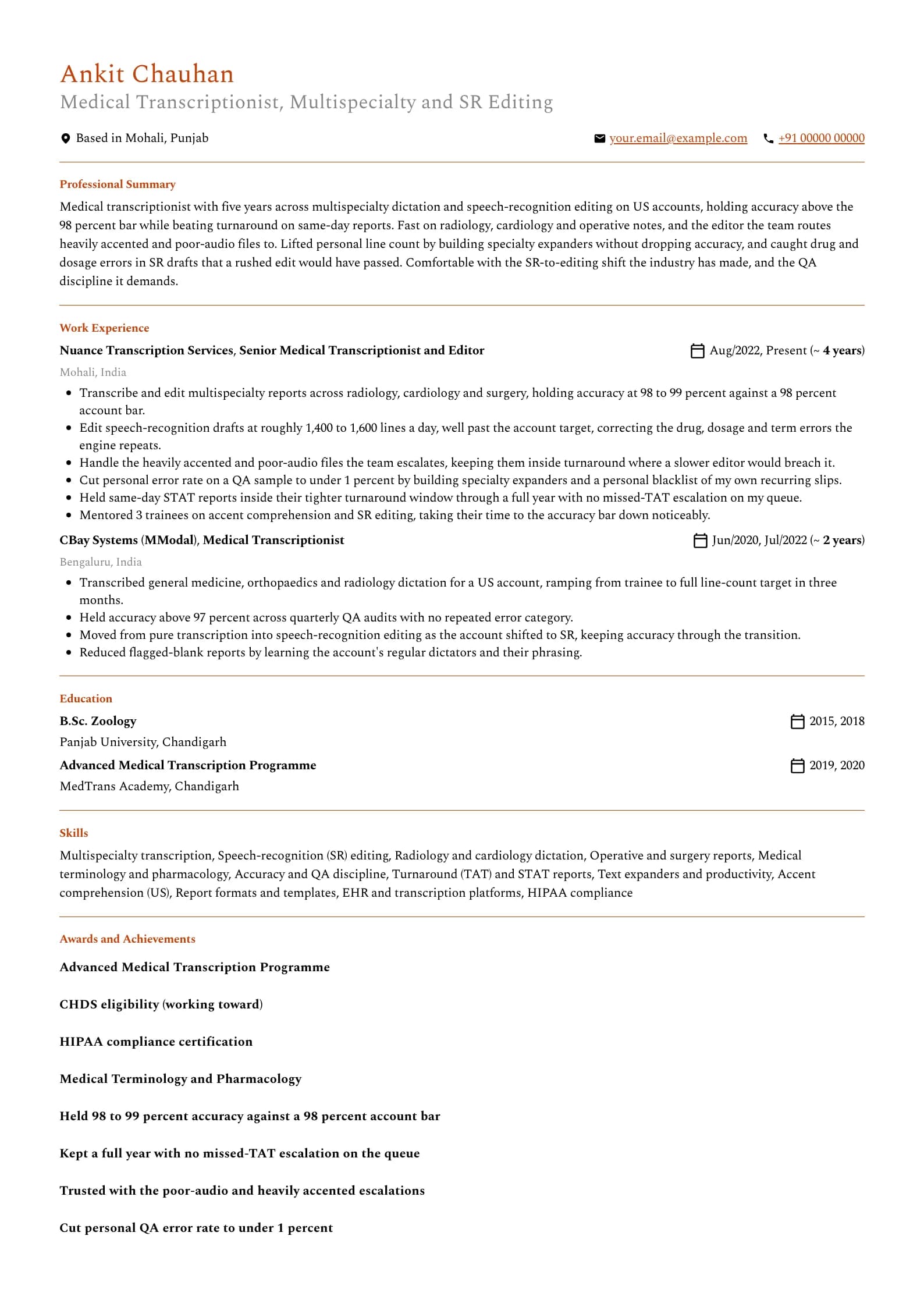 Medical Transcriptionist resume example for Experienced MT (5 years), professional template, showing professional summary, work experience, skills, education and certifications