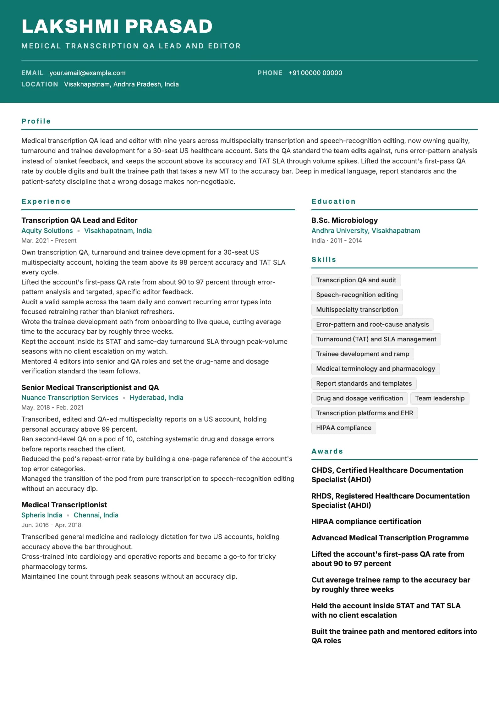Medical Transcriptionist resume example for Senior QA editor (9 years), header-band template, showing professional summary, work experience, skills, education and certifications