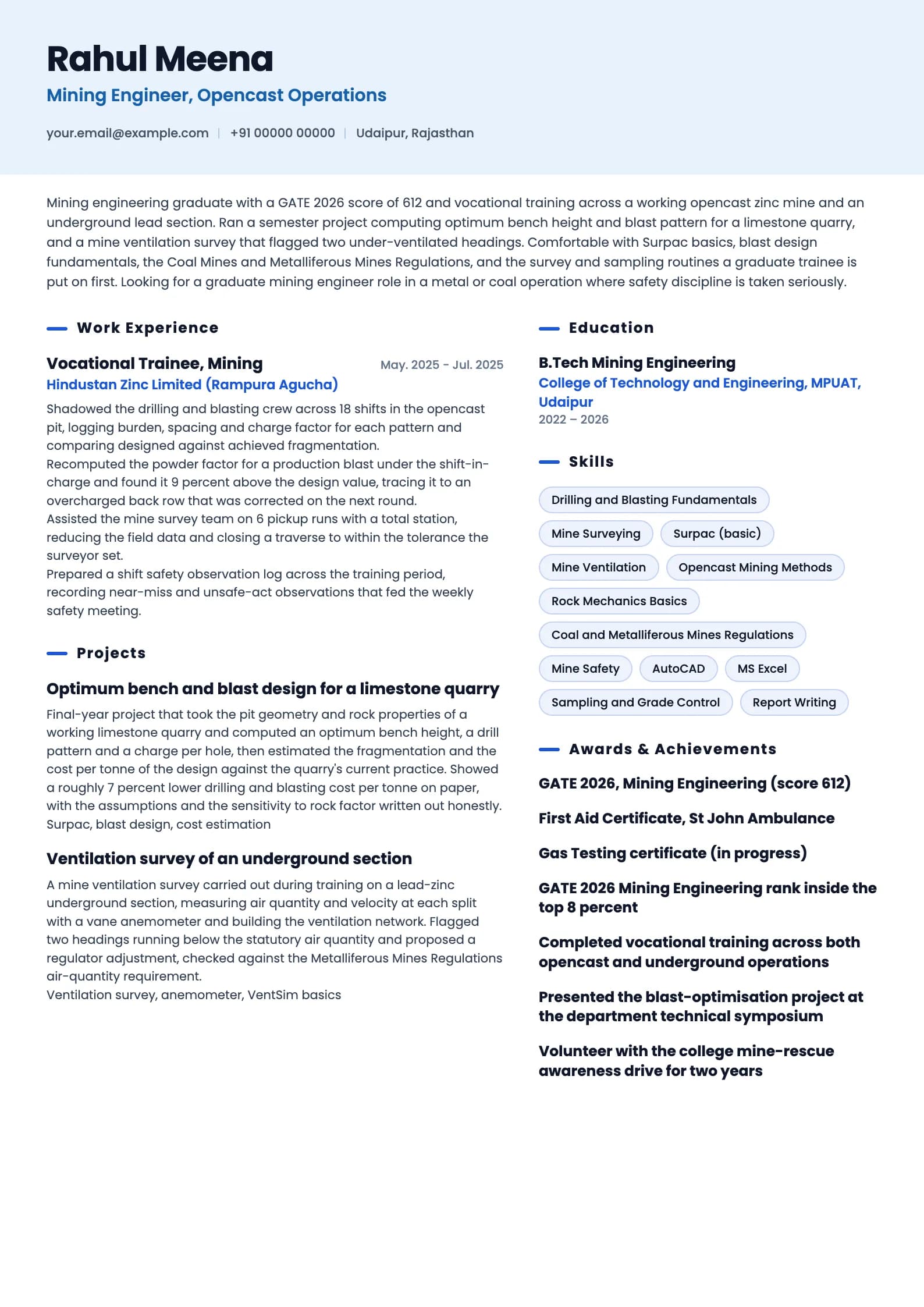 Mining Engineer resume example for Fresher (0 years), ai-era template, showing professional summary, work experience, projects, skills, education and certifications