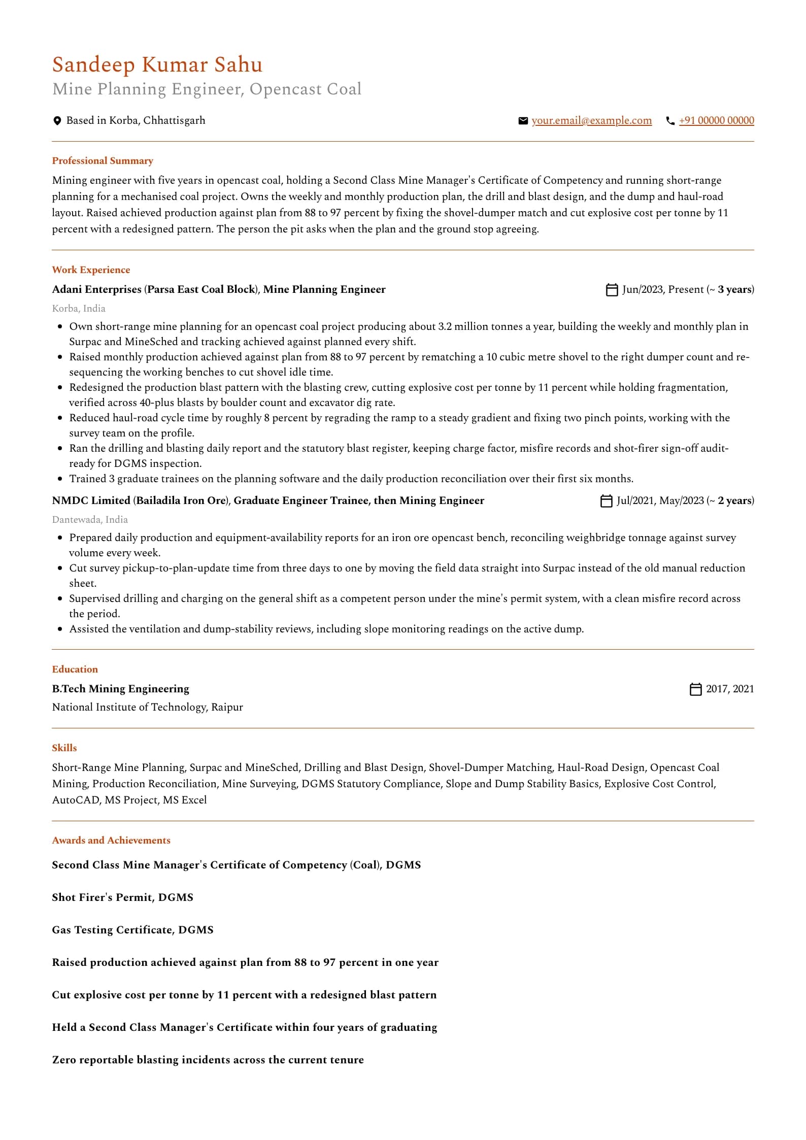 Mining Engineer resume example for Mid-level (5 years), professional template, showing professional summary, work experience, skills, education and certifications
