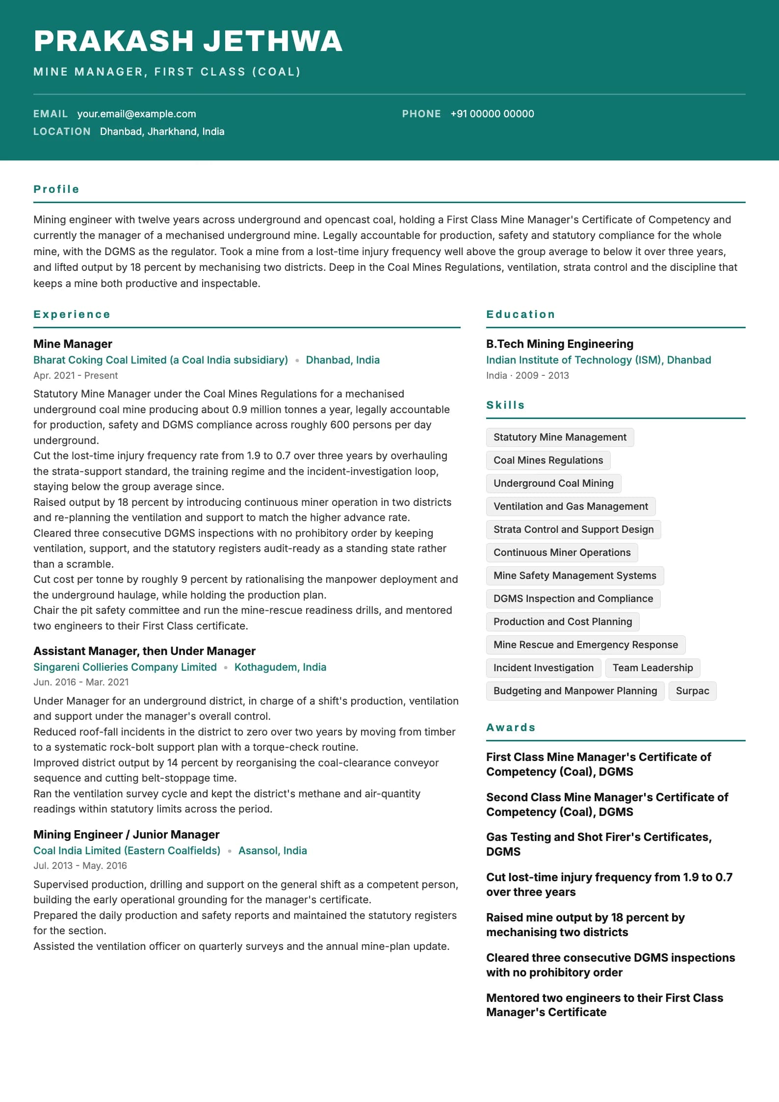 Mining Engineer resume example for Senior (12 years), header-band template, showing professional summary, work experience, skills, education and certifications