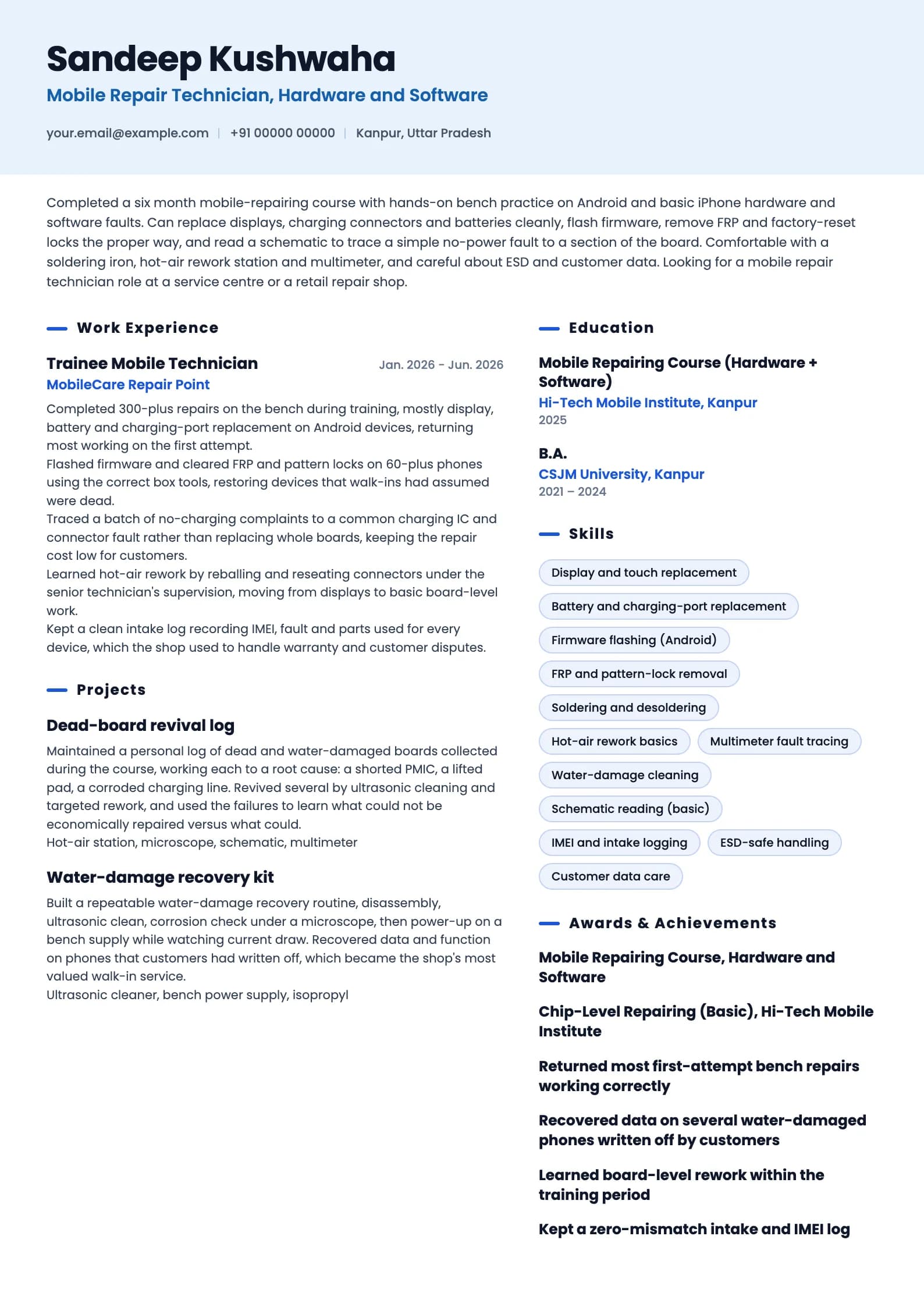 Mobile Repair Technician resume example for Fresher (course + bench practice), ai-era template, showing professional summary, work experience, projects, skills, education and certifications