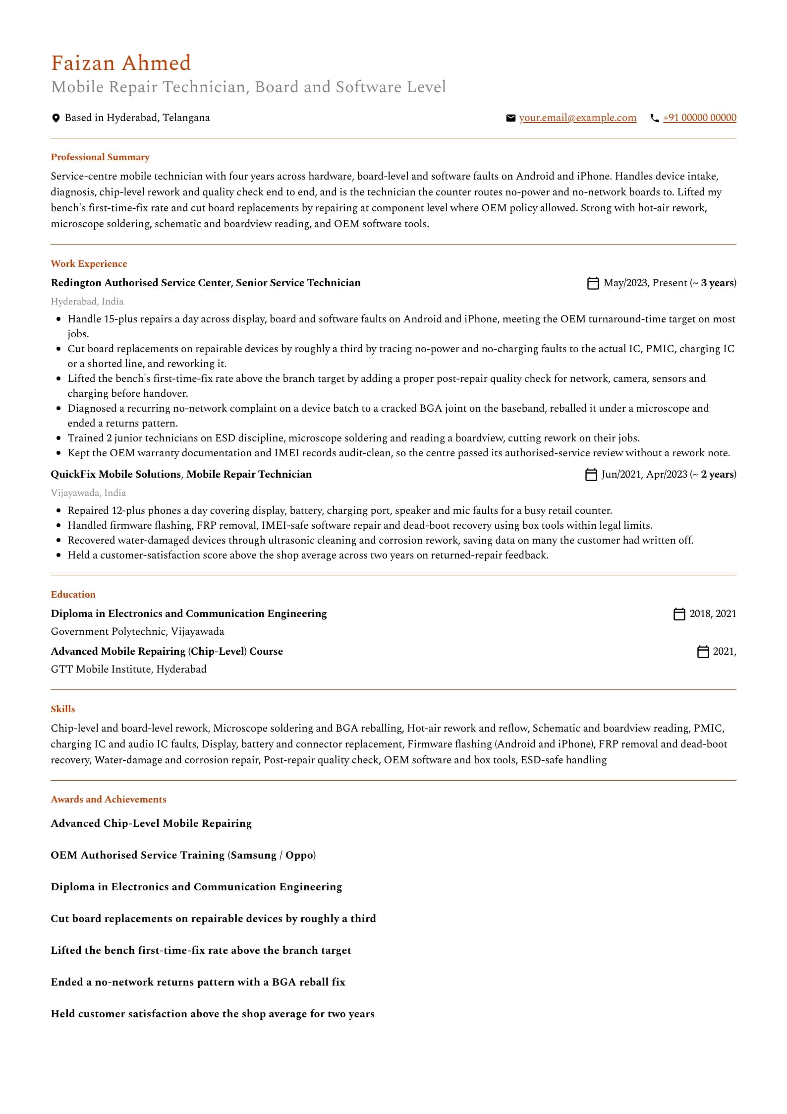 Mobile Repair Technician resume example for Service-centre technician (4 years), professional template, showing professional summary, work experience, skills, education and certifications