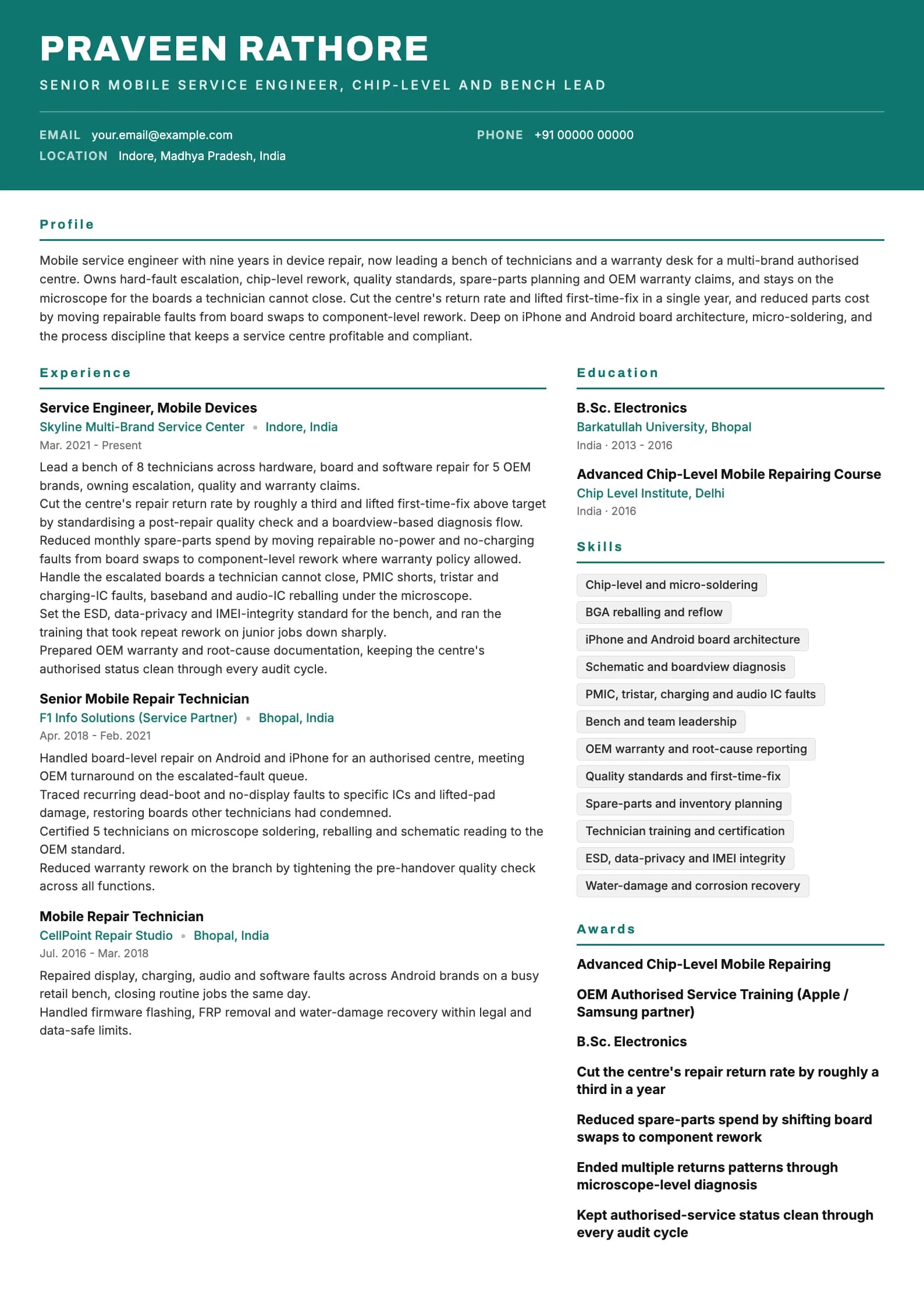 Mobile Repair Technician resume example for Chip-level engineer (9 years), header-band template, showing professional summary, work experience, skills, education and certifications