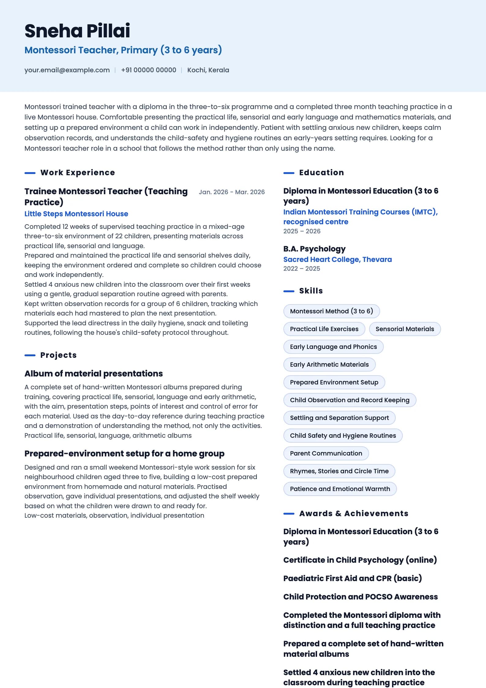 Montessori Teacher resume example for Fresh Diploma Holder (0 to 1 year), ai-era template, showing professional summary, work experience, projects, skills, education and certifications