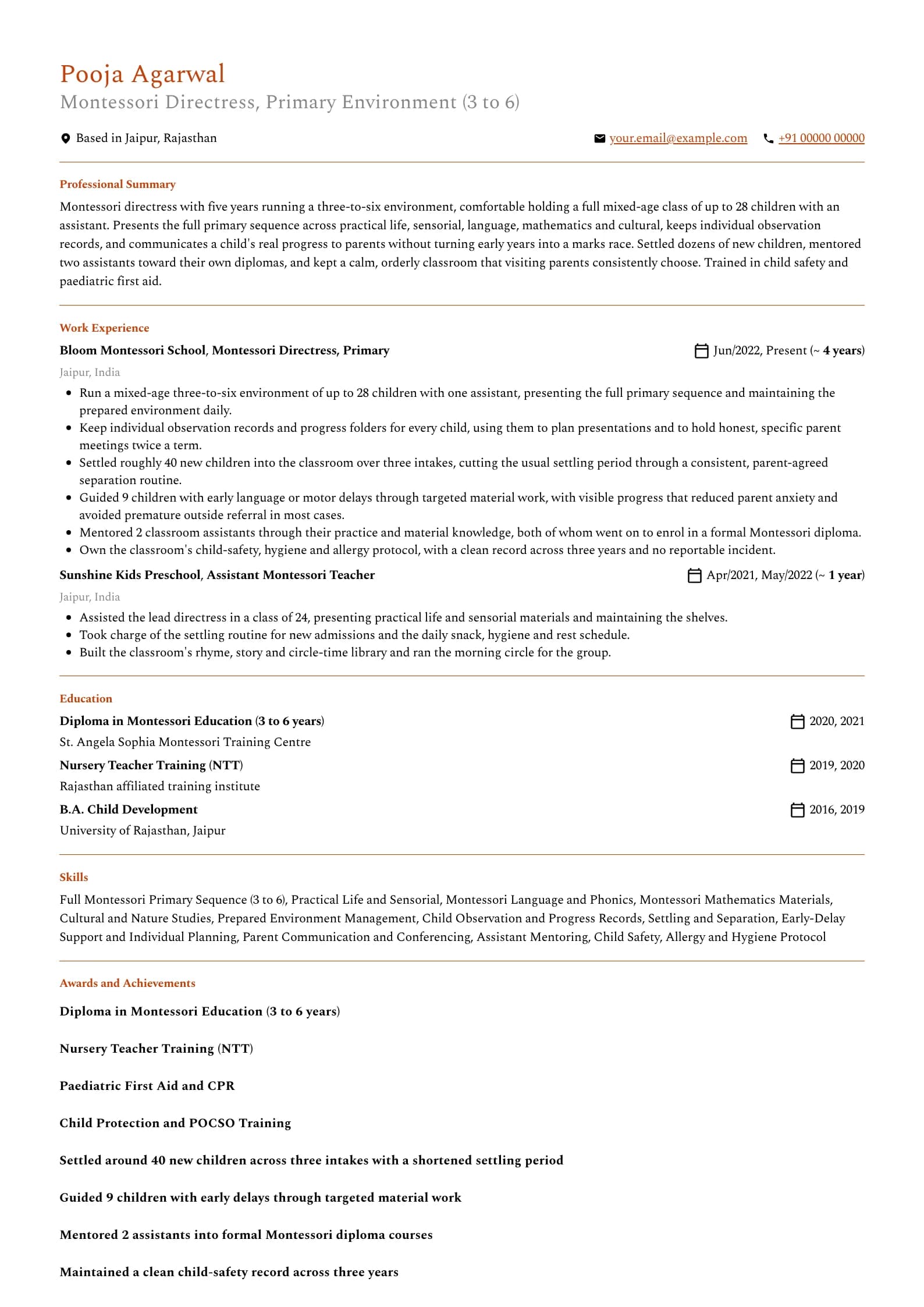 Montessori Teacher resume example for Montessori Directress (5 years), minimalist template, showing professional summary, work experience, skills, education and certifications