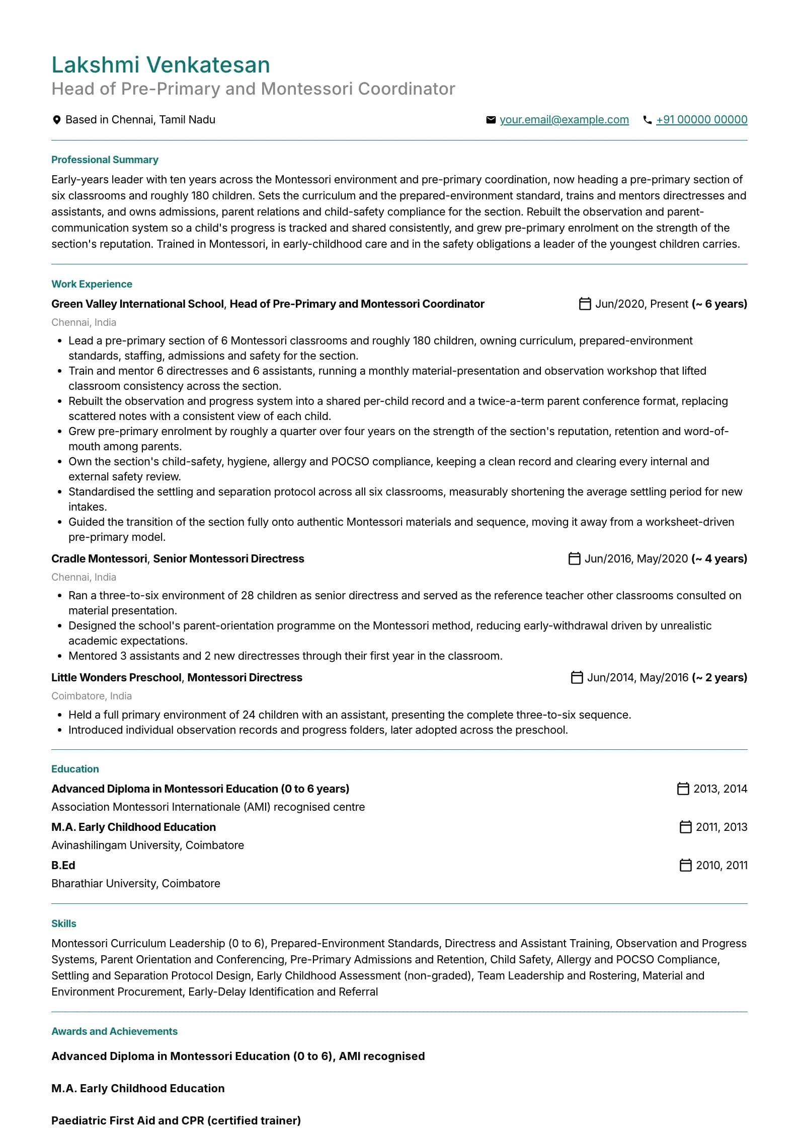 Montessori Teacher resume example for Head of Pre-Primary (10 years), professional template, showing professional summary, work experience, skills, education and certifications