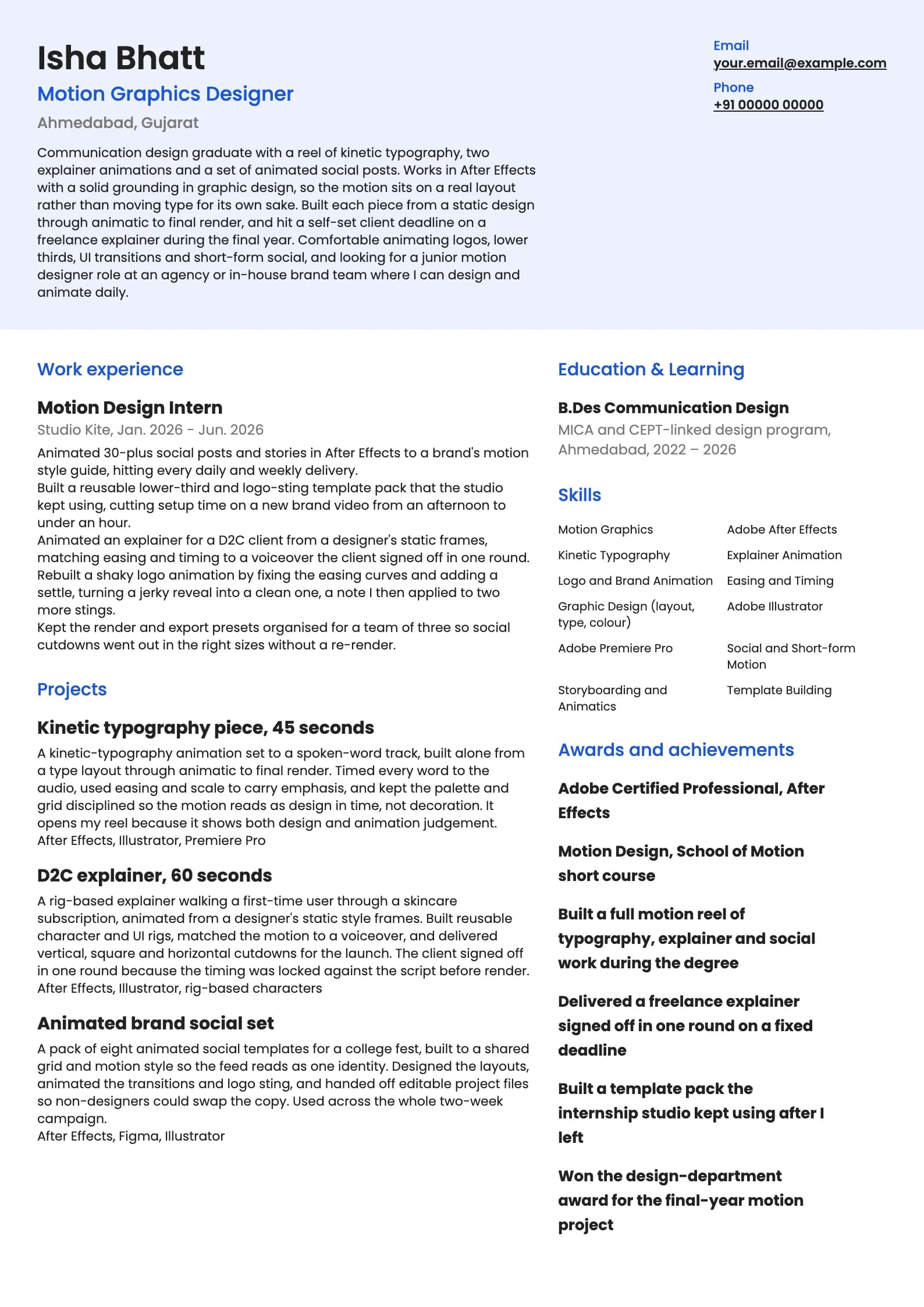 Motion Graphics Designer resume example for Fresher (0 to 1 year), modern template, showing professional summary, work experience, projects, skills, education and certifications