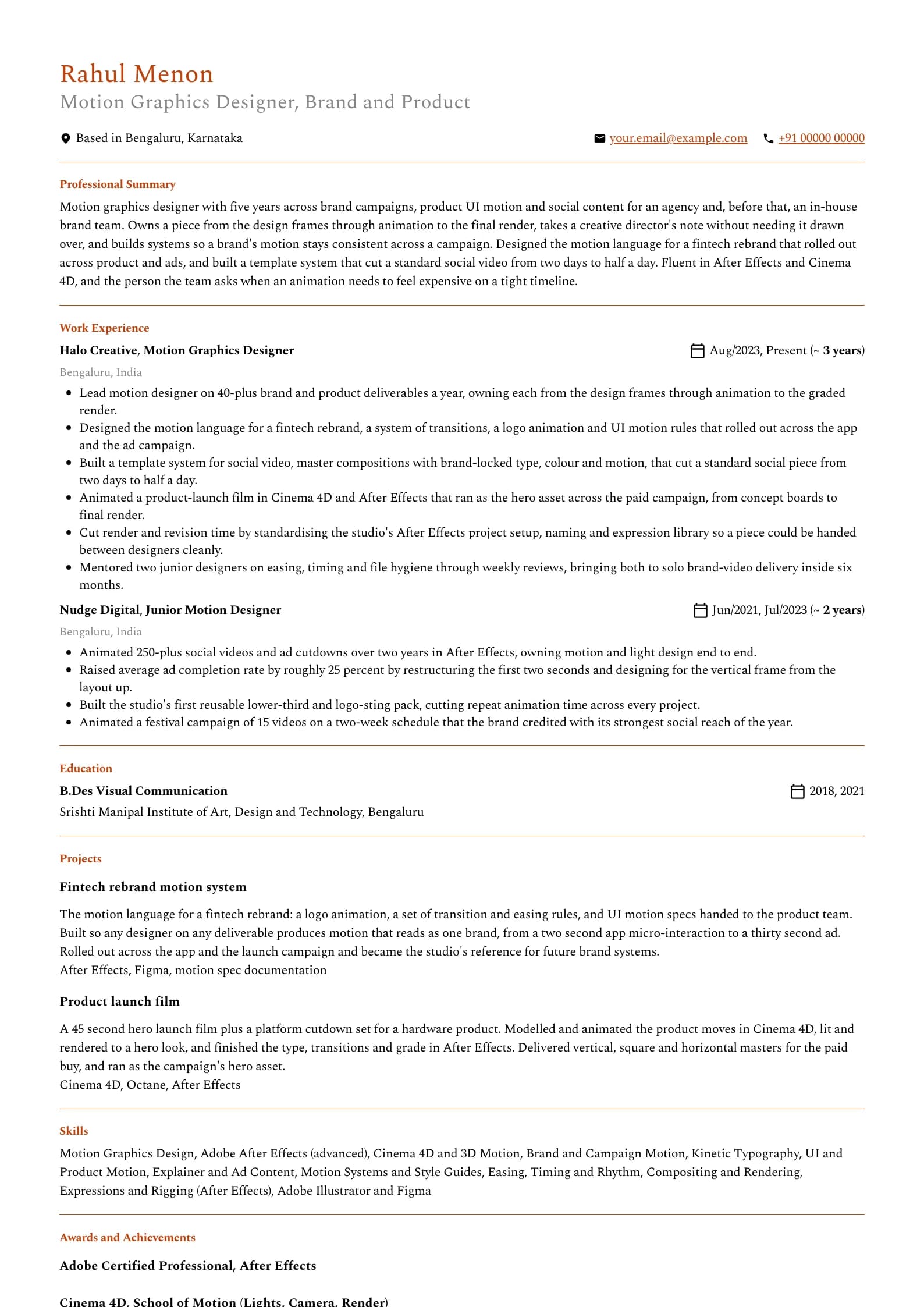 Motion Graphics Designer resume example for Mid-level (5 years), professional template, showing professional summary, work experience, projects, skills, education and certifications