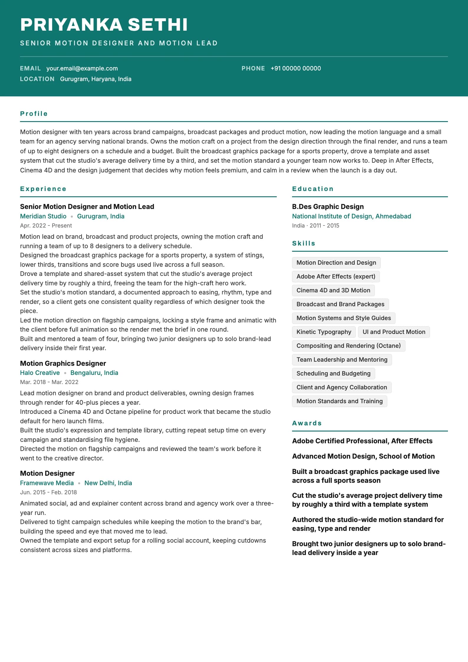 Motion Graphics Designer resume example for Senior (10 years), header-band template, showing professional summary, work experience, skills, education and certifications
