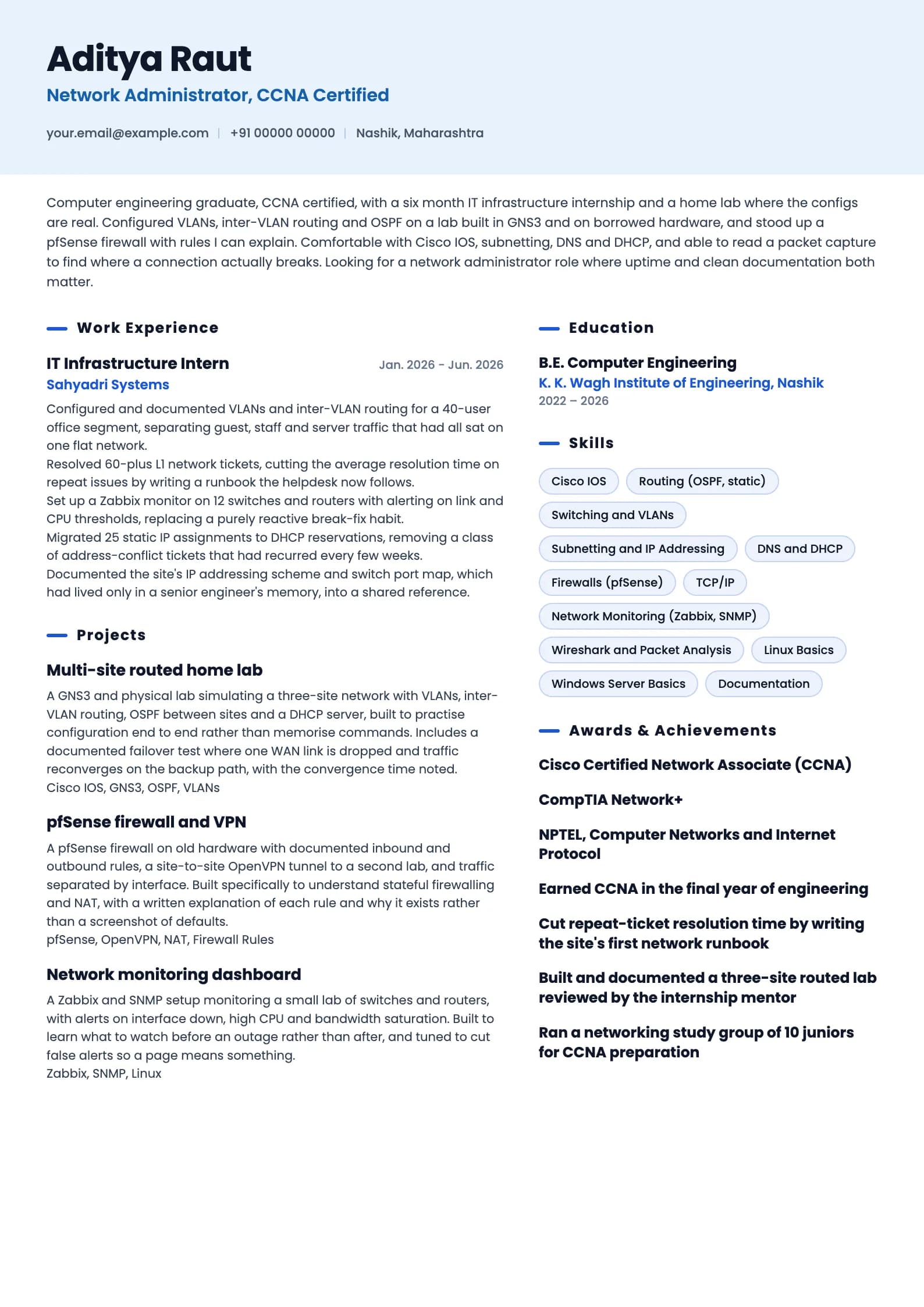 Network Administrator resume example for Fresher (0 to 1 year), ai-era template, showing professional summary, work experience, projects, skills, education and certifications