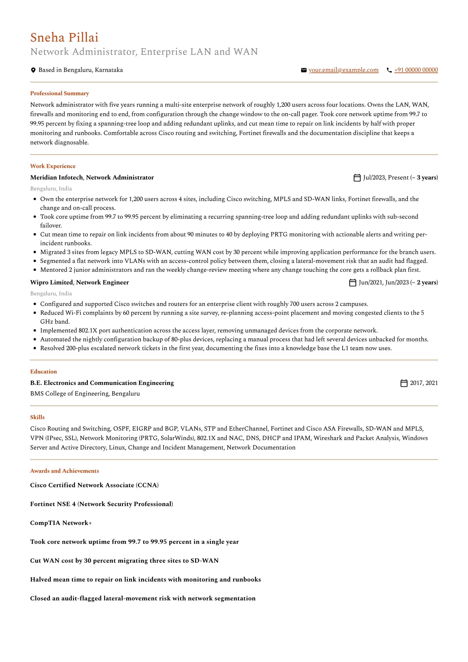 Network Administrator resume example for Mid-level (5 years), professional template, showing professional summary, work experience, skills, education and certifications