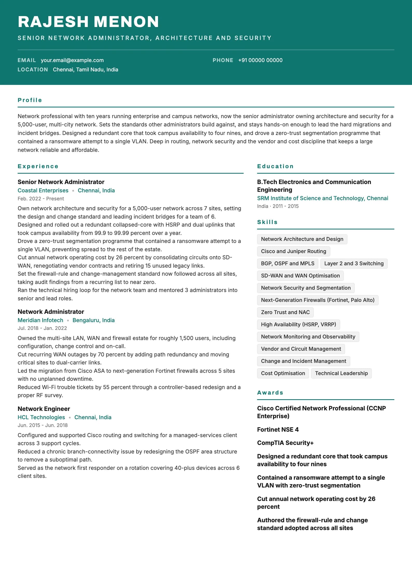 Network Administrator resume example for Senior (10 years), header-band template, showing professional summary, work experience, skills, education and certifications