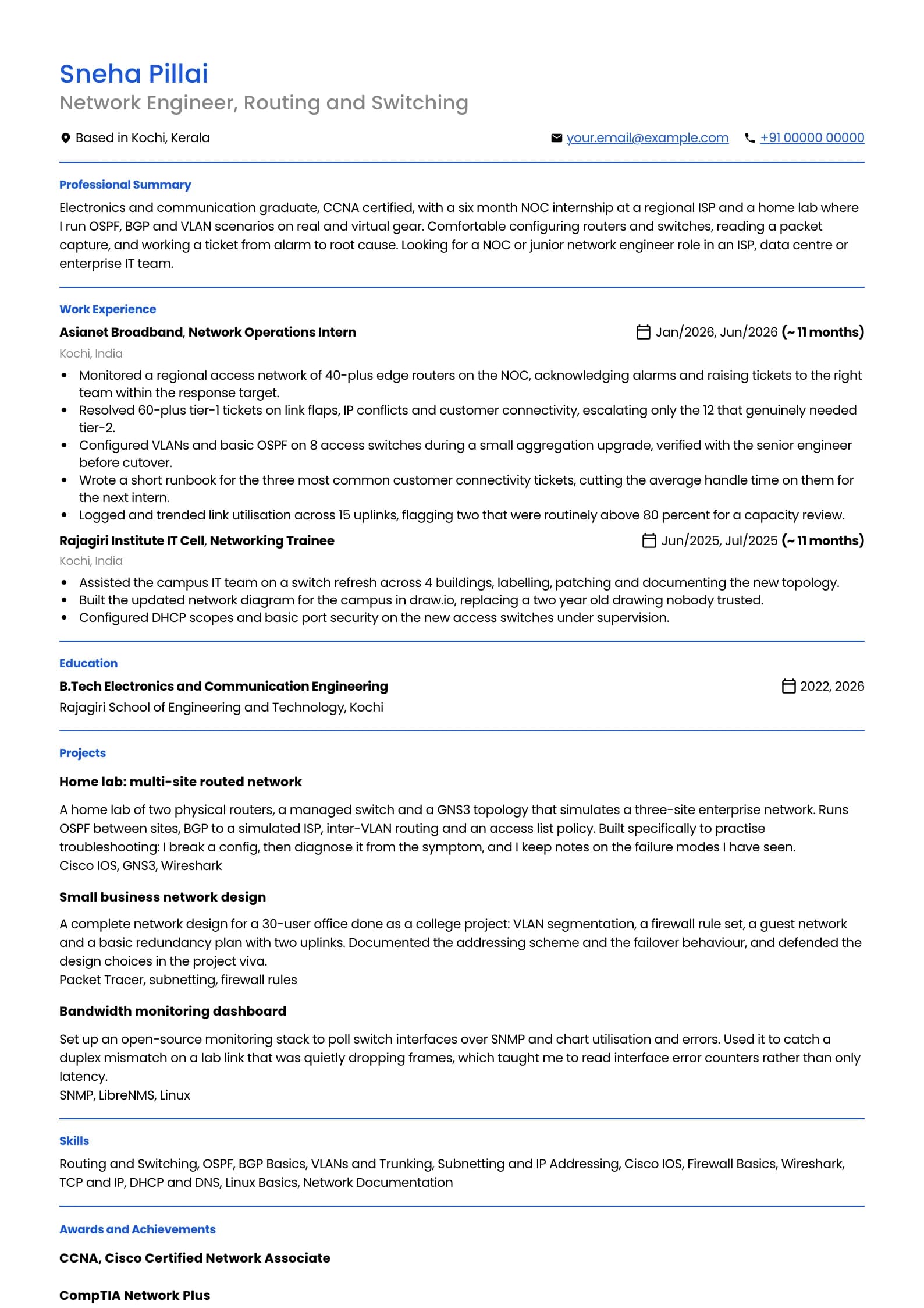 Network Engineer resume example for Fresher (0 years), minimalist template, showing professional summary, work experience, projects, skills, education and certifications