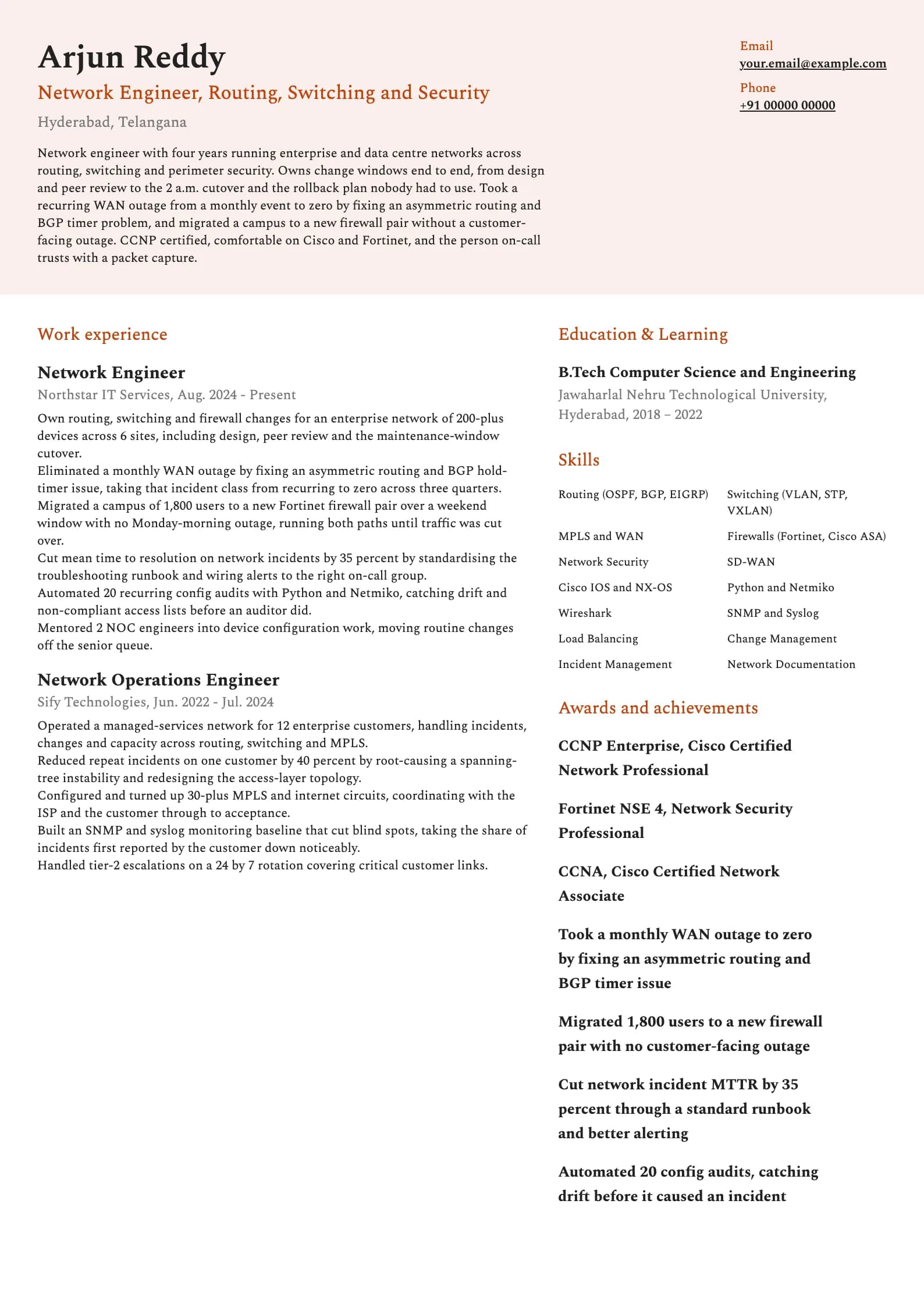Network Engineer resume example for Mid-level (4 years), modern template, showing professional summary, work experience, skills, education and certifications