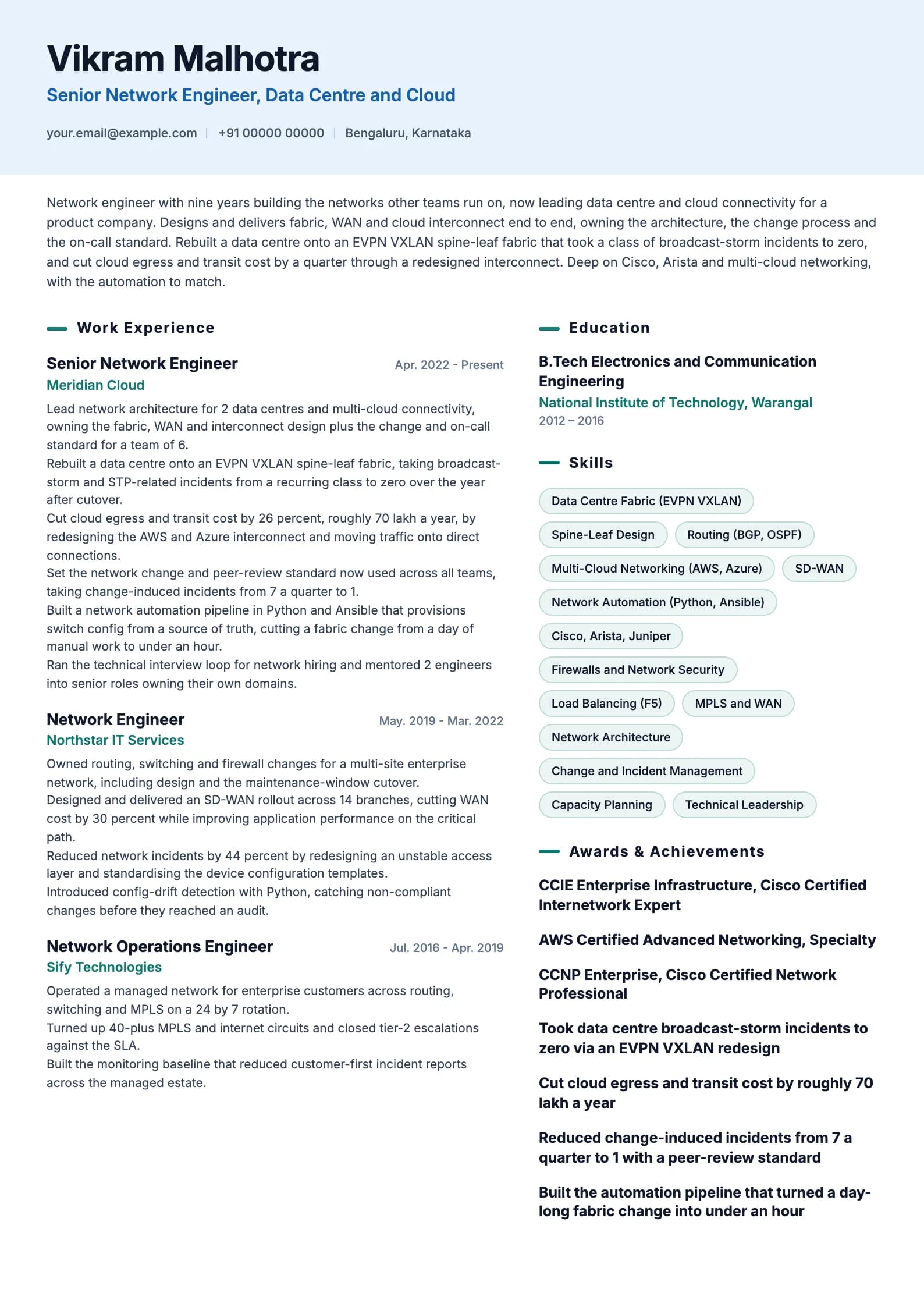 Network Engineer resume example for Senior (9 years), ai-era template, showing professional summary, work experience, skills, education and certifications