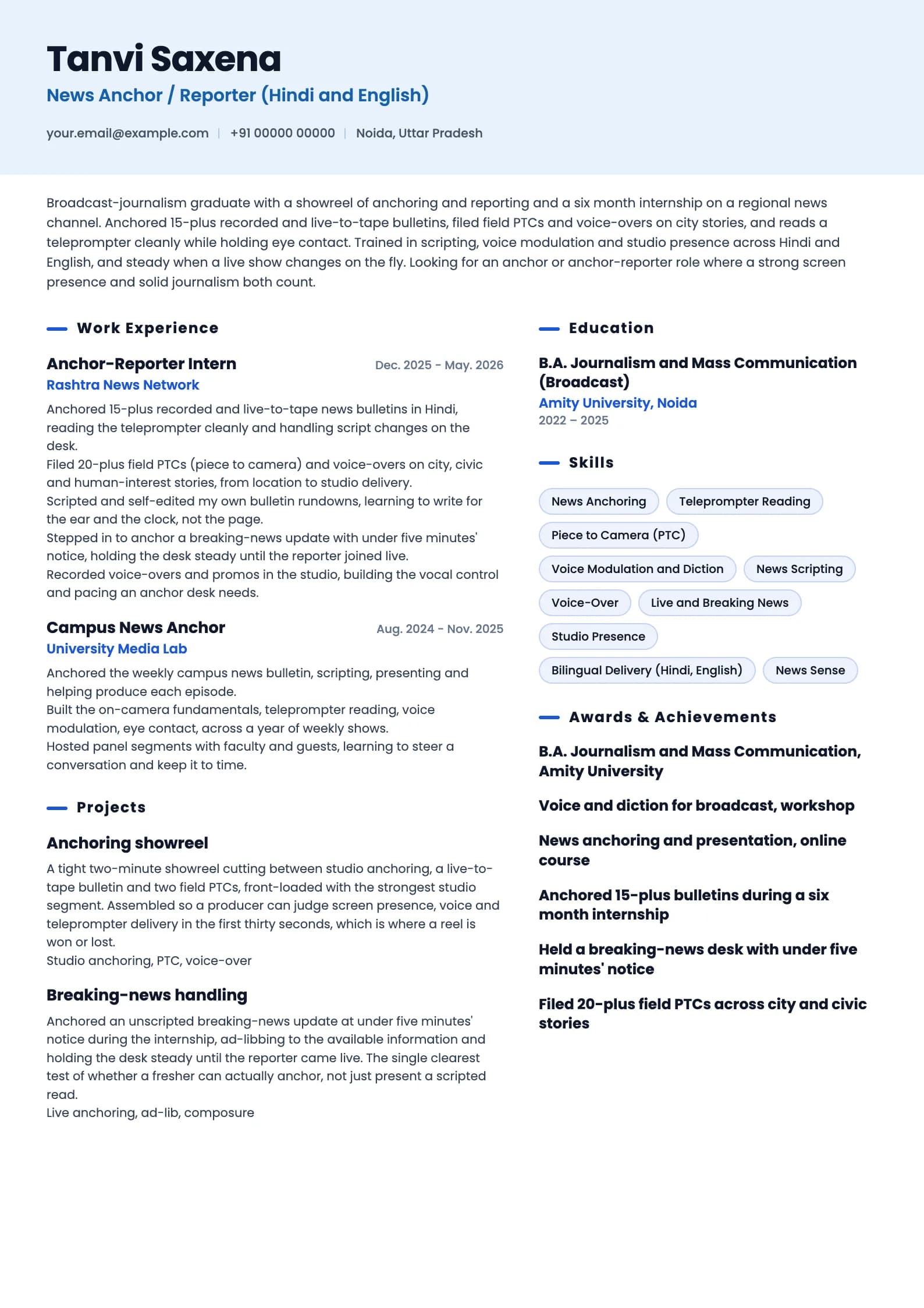 News Anchor resume example for Fresher (0 years), ai-era template, showing professional summary, work experience, projects, skills, education and certifications