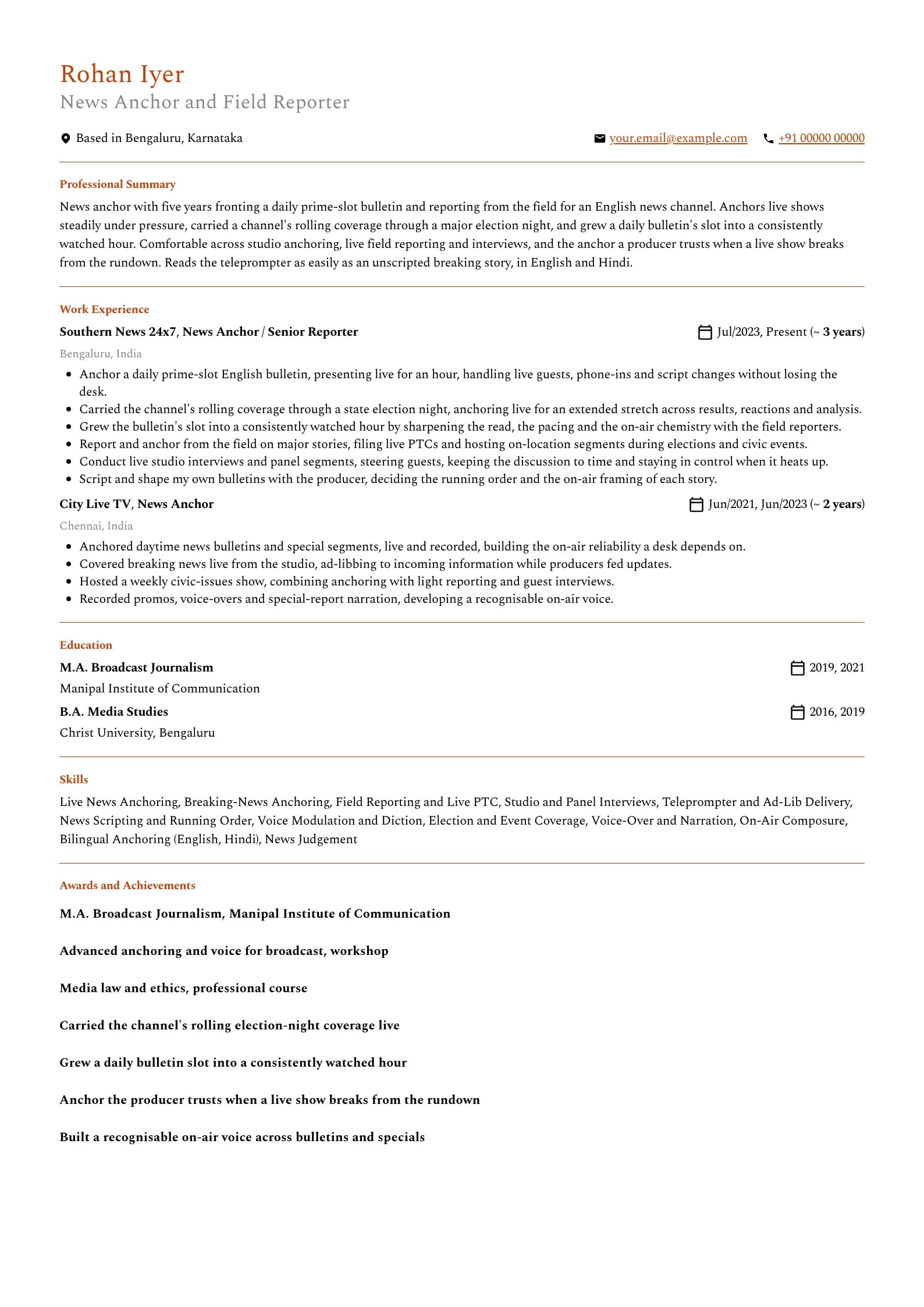 News Anchor resume example for Mid-level (5 years), professional template, showing professional summary, work experience, skills, education and certifications