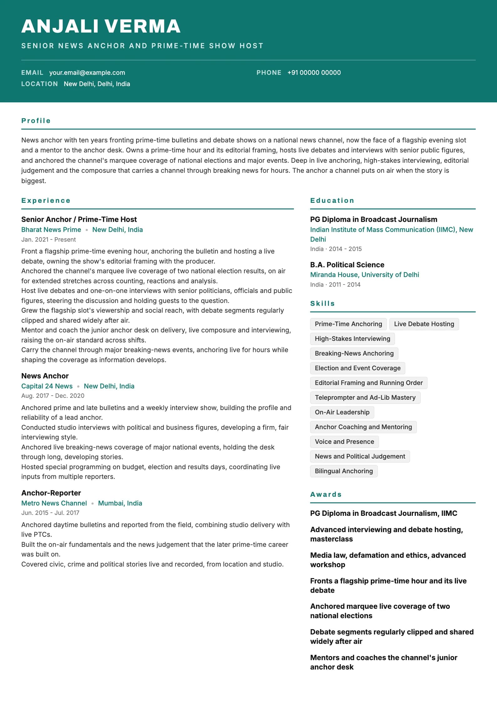 News Anchor resume example for Senior (10 years), header-band template, showing professional summary, work experience, skills, education and certifications