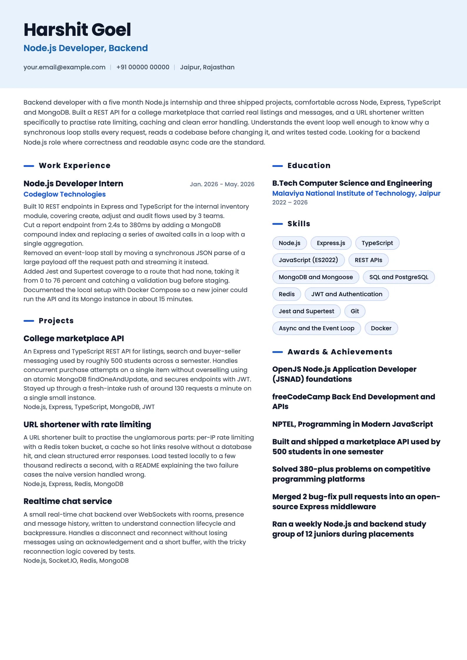 Node.js Developer resume example for Fresher (0 years), ai-era template, showing professional summary, work experience, projects, skills, education and certifications