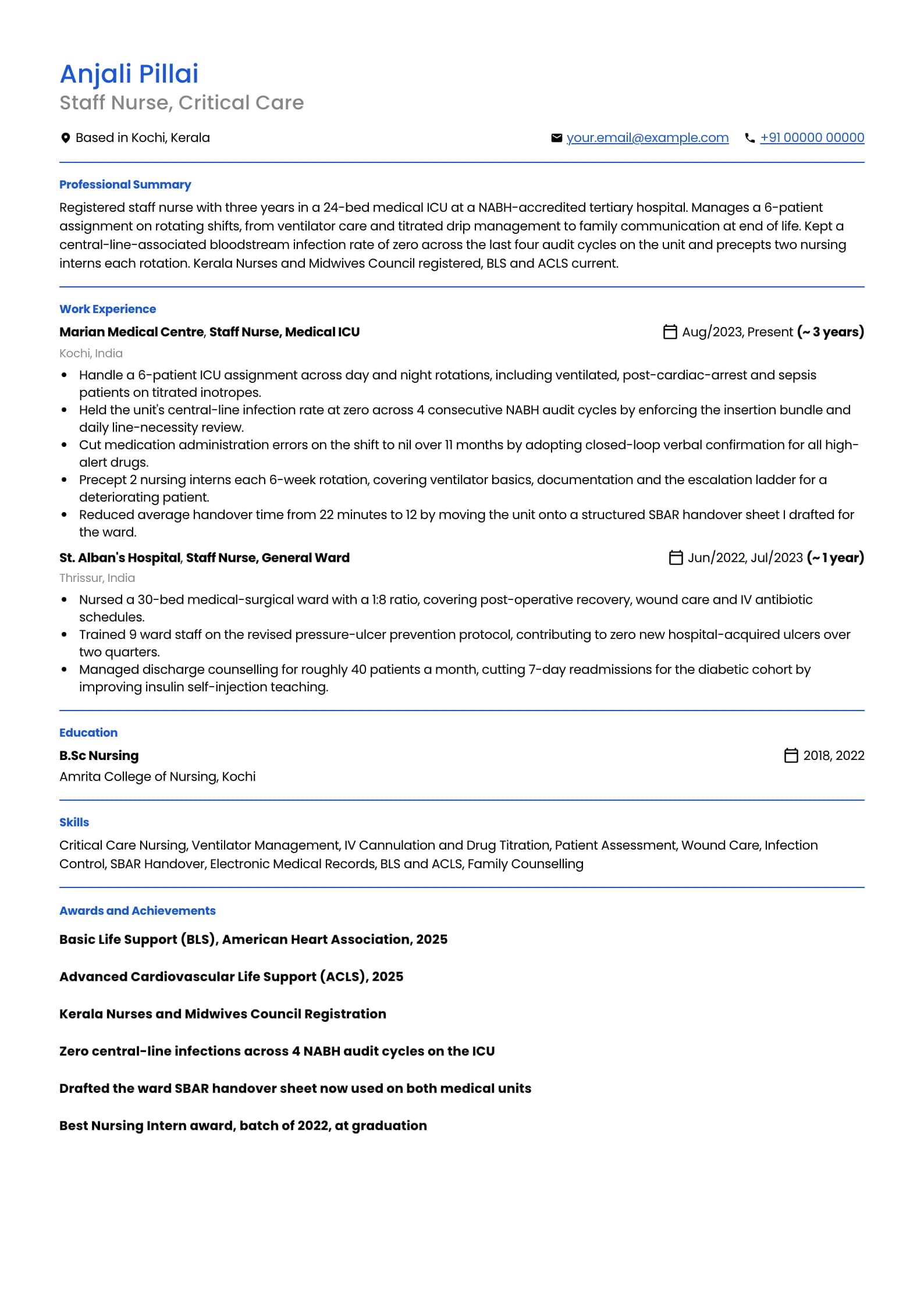 Nurse resume example for Staff Nurse (3 years), professional template, showing professional summary, work experience, skills, education and certifications