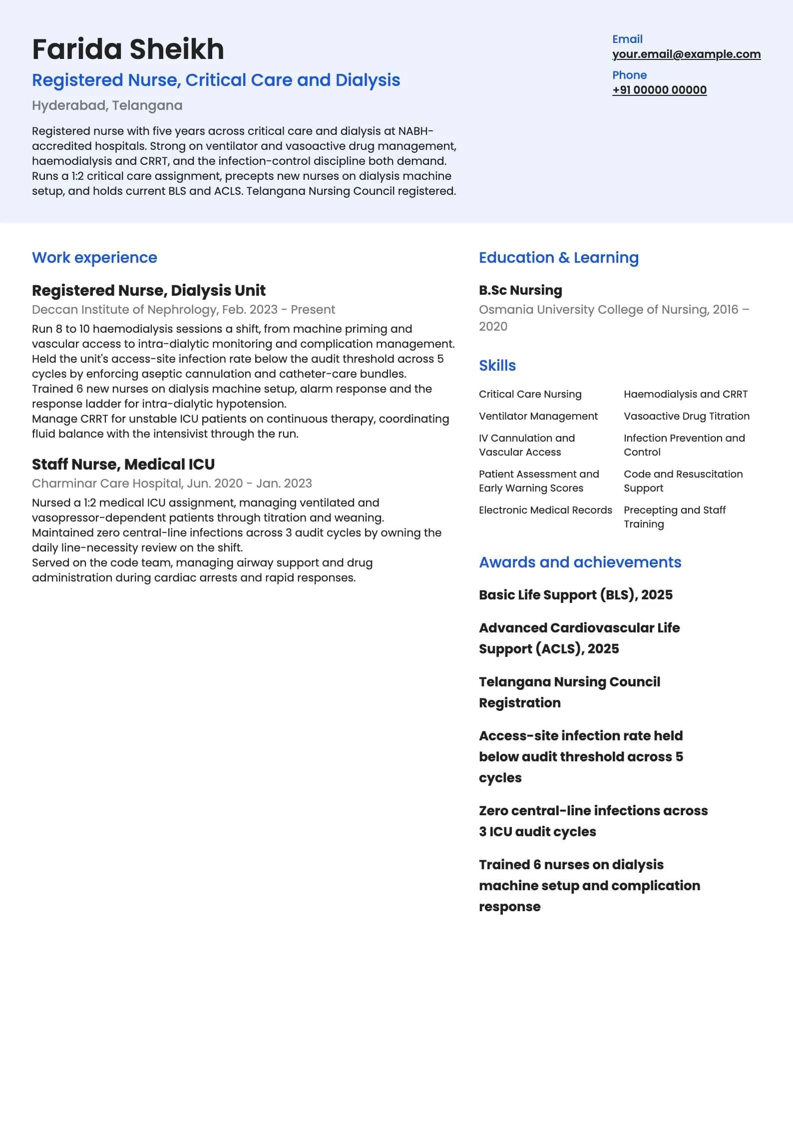 Nurse resume example for Nurse (5 years, skills-led), modern template, showing professional summary, work experience, skills, education and certifications