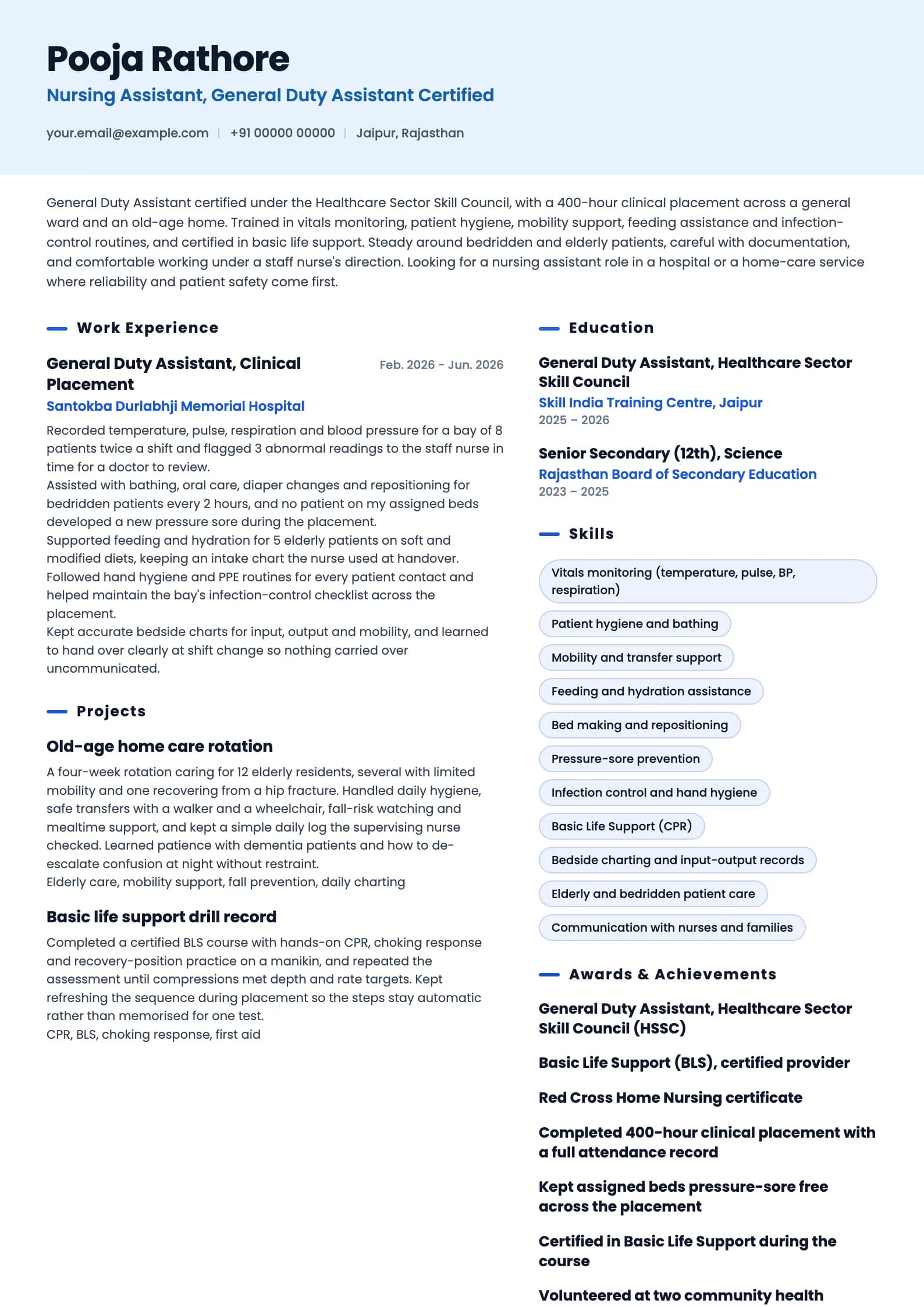 Nursing Assistant resume example for Fresher (0 years), ai-era template, showing professional summary, work experience, projects, skills, education and certifications