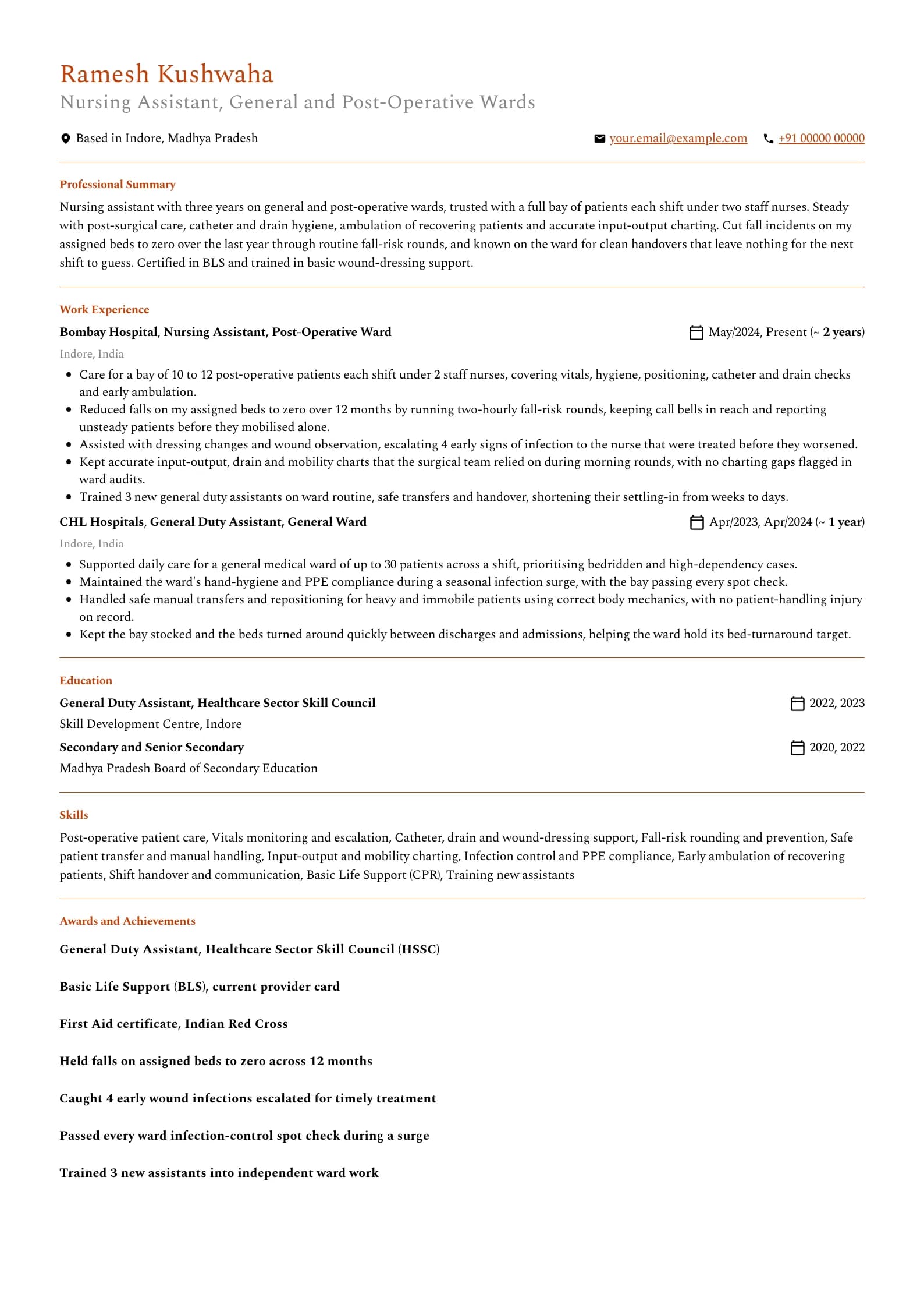 Nursing Assistant resume example for Ward experience (3 years), professional template, showing professional summary, work experience, skills, education and certifications