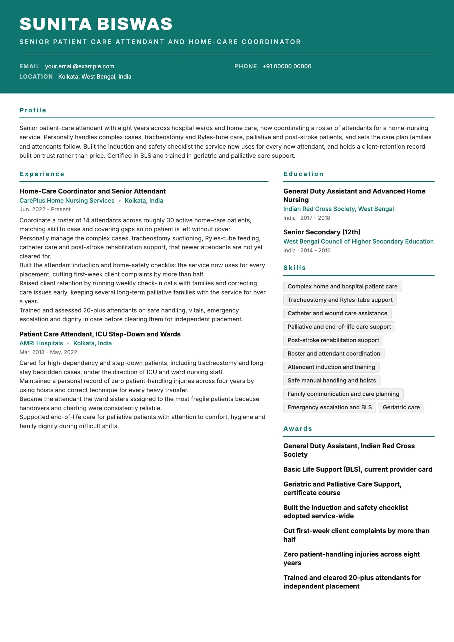 Nursing Assistant resume example for Senior (8 years), header-band template, showing professional summary, work experience, skills, education and certifications