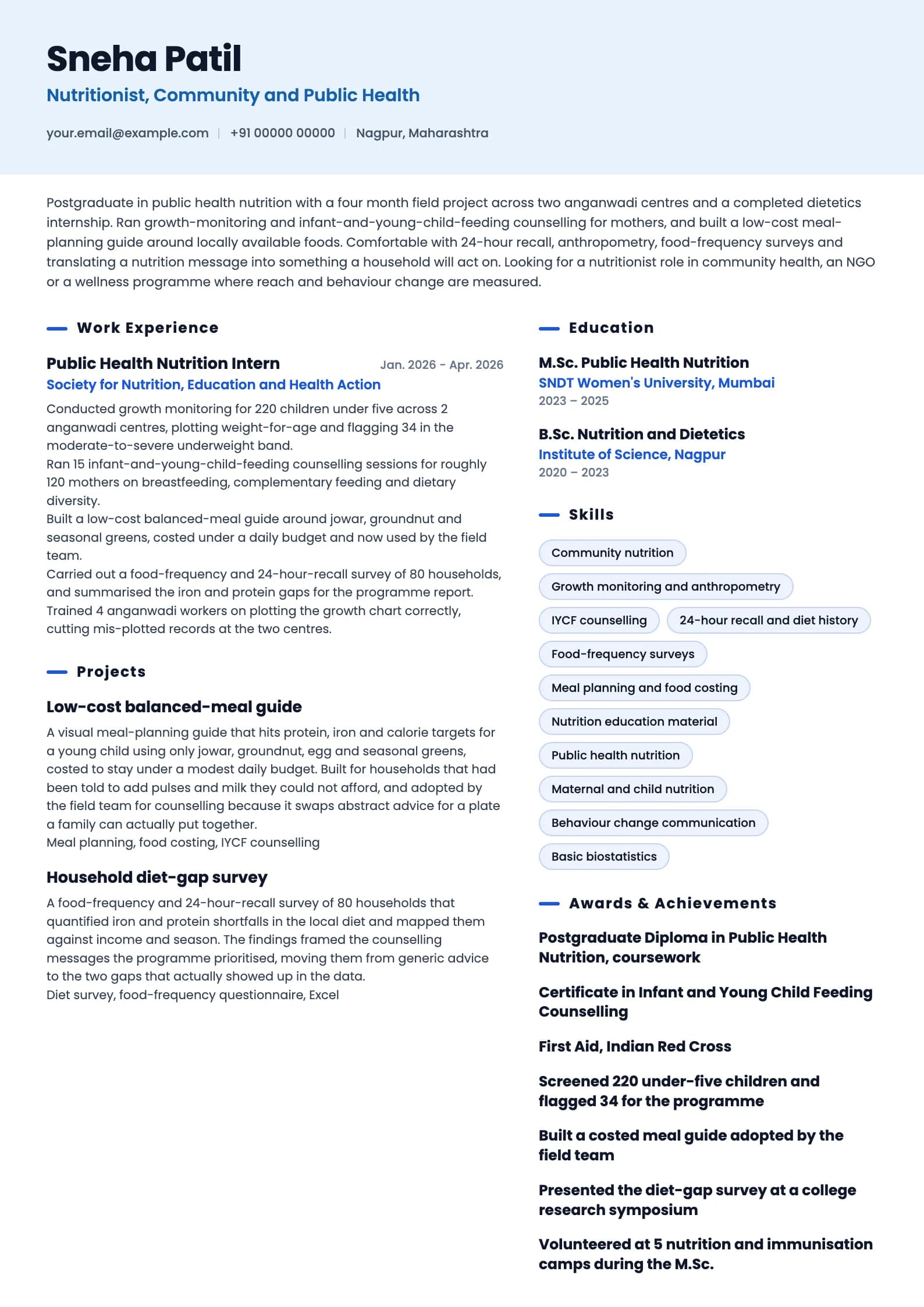Nutritionist resume example for Fresher (0 years), ai-era template, showing professional summary, work experience, projects, skills, education and certifications