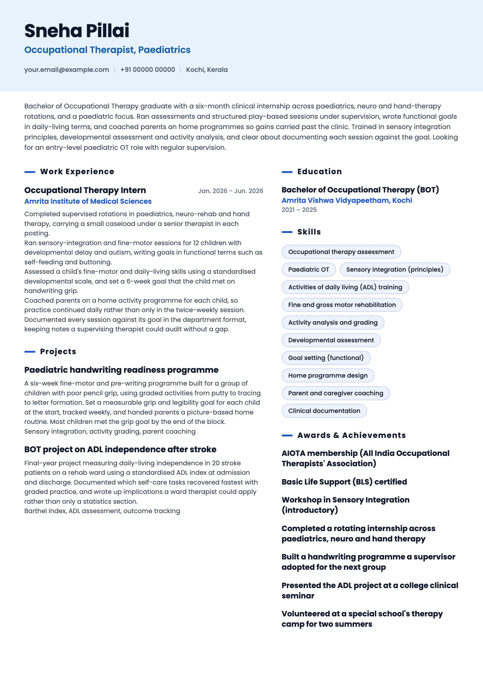 Occupational Therapist resume example for Fresher (0 to 1 year), ai-era template, showing professional summary, work experience, projects, skills, education and certifications